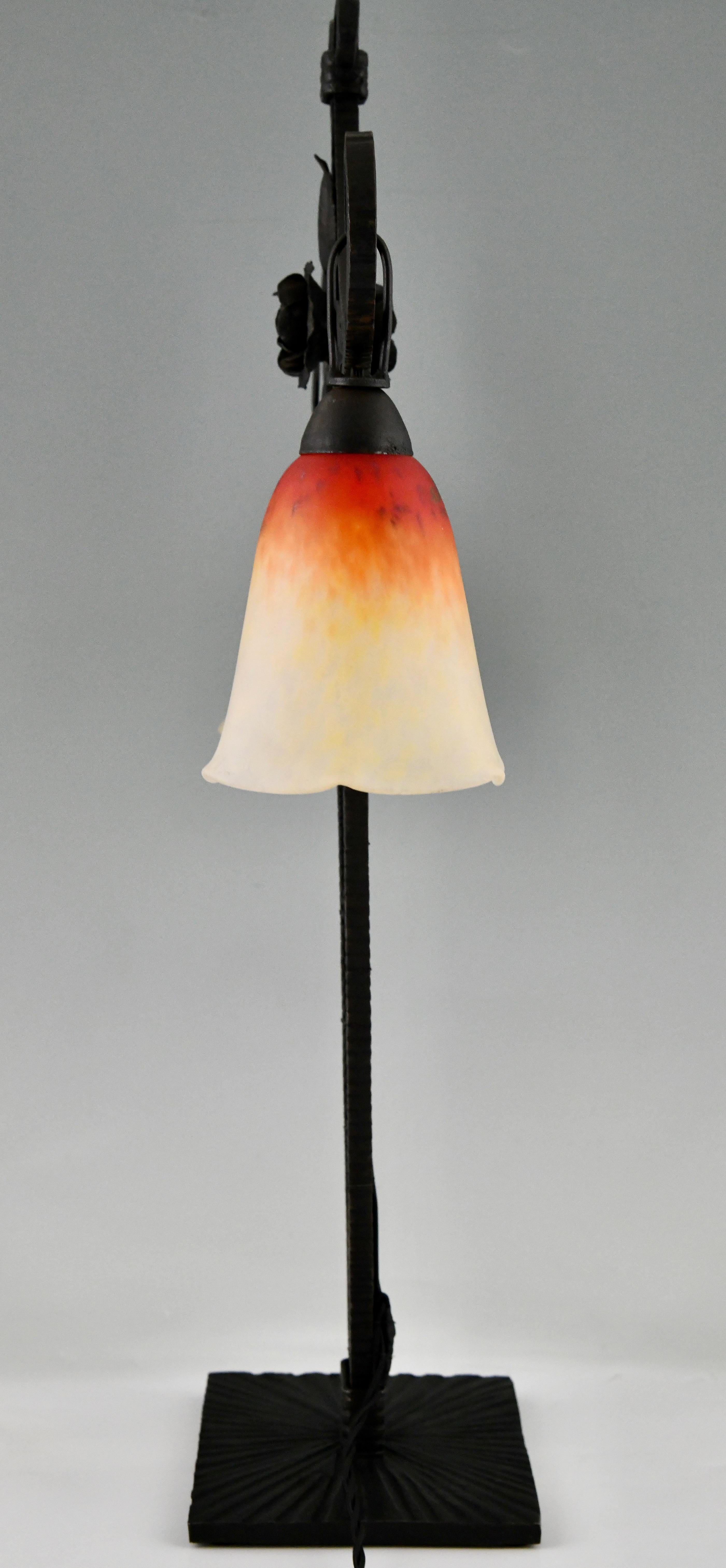 Early 20th Century SchneiderArt Deco double light table lamp on wrought iron base with rose 1925