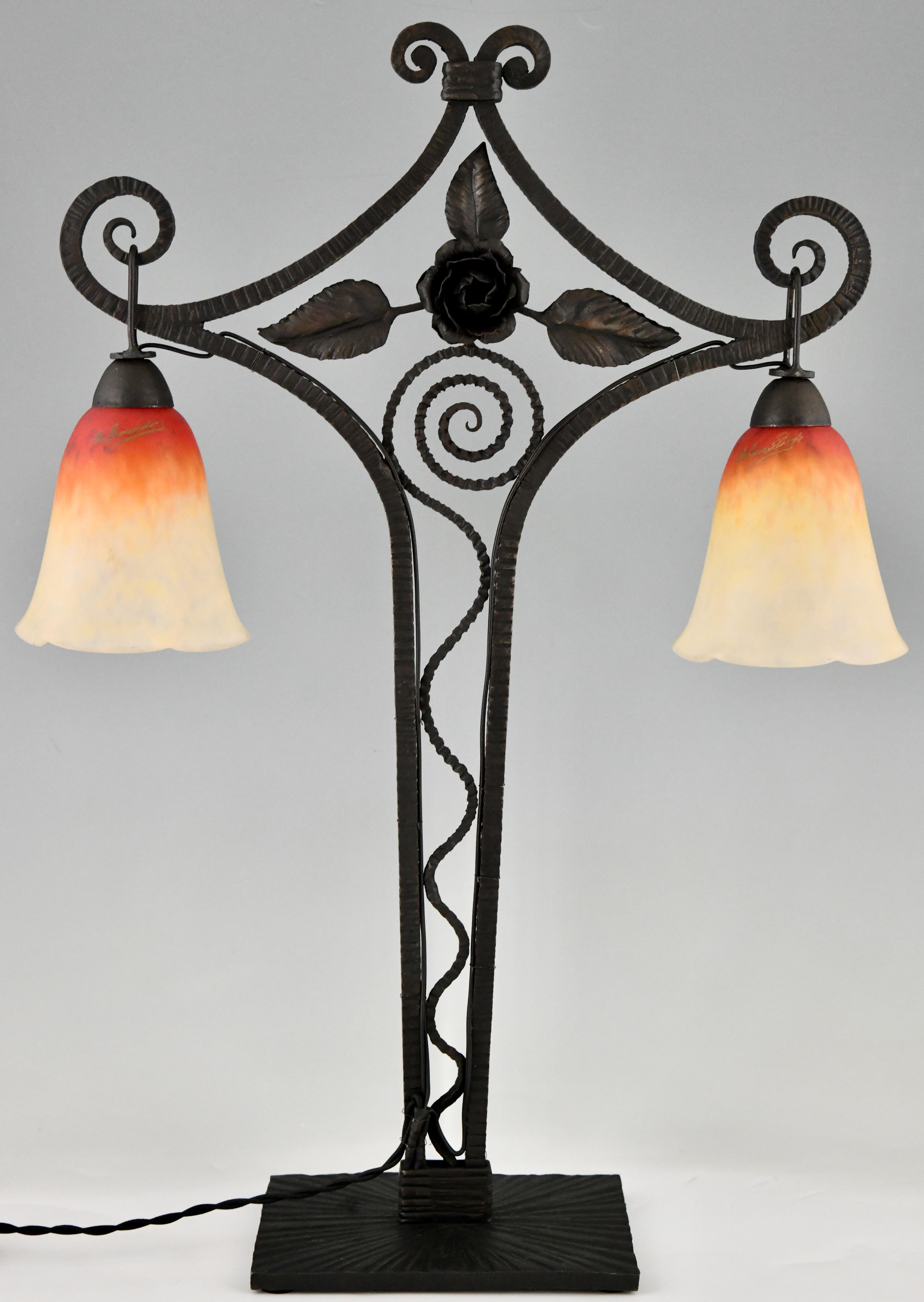 Art Glass SchneiderArt Deco double light table lamp on wrought iron base with rose 1925