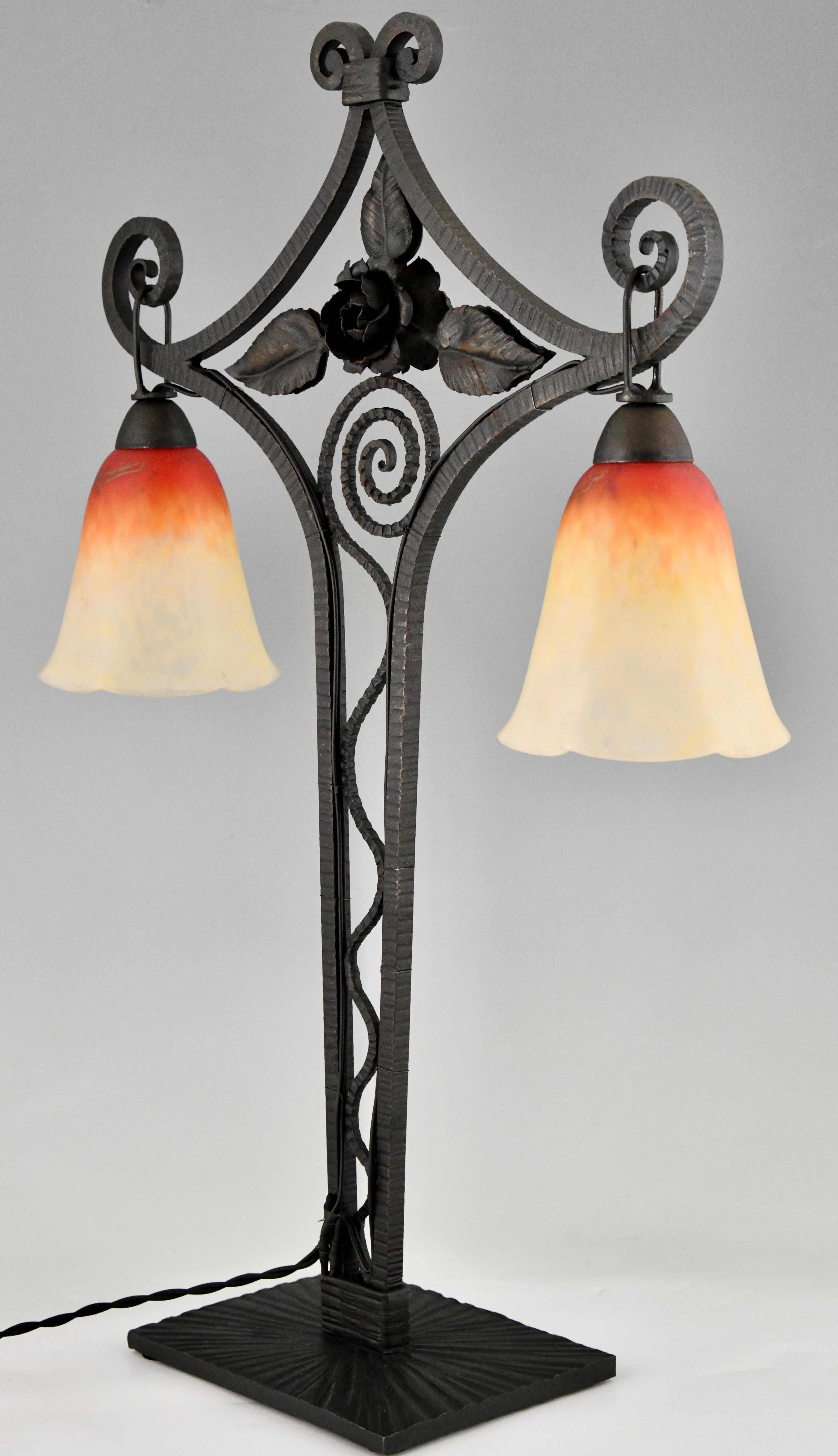 SchneiderArt Deco double light table lamp on wrought iron base with rose 1925 1