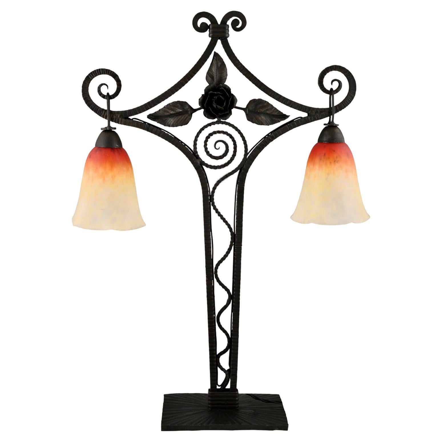 SchneiderArt Deco double light table lamp on wrought iron base with rose 1925