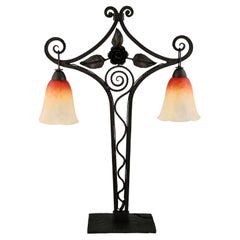 SchneiderArt Deco double light table lamp on wrought iron base with rose 1925