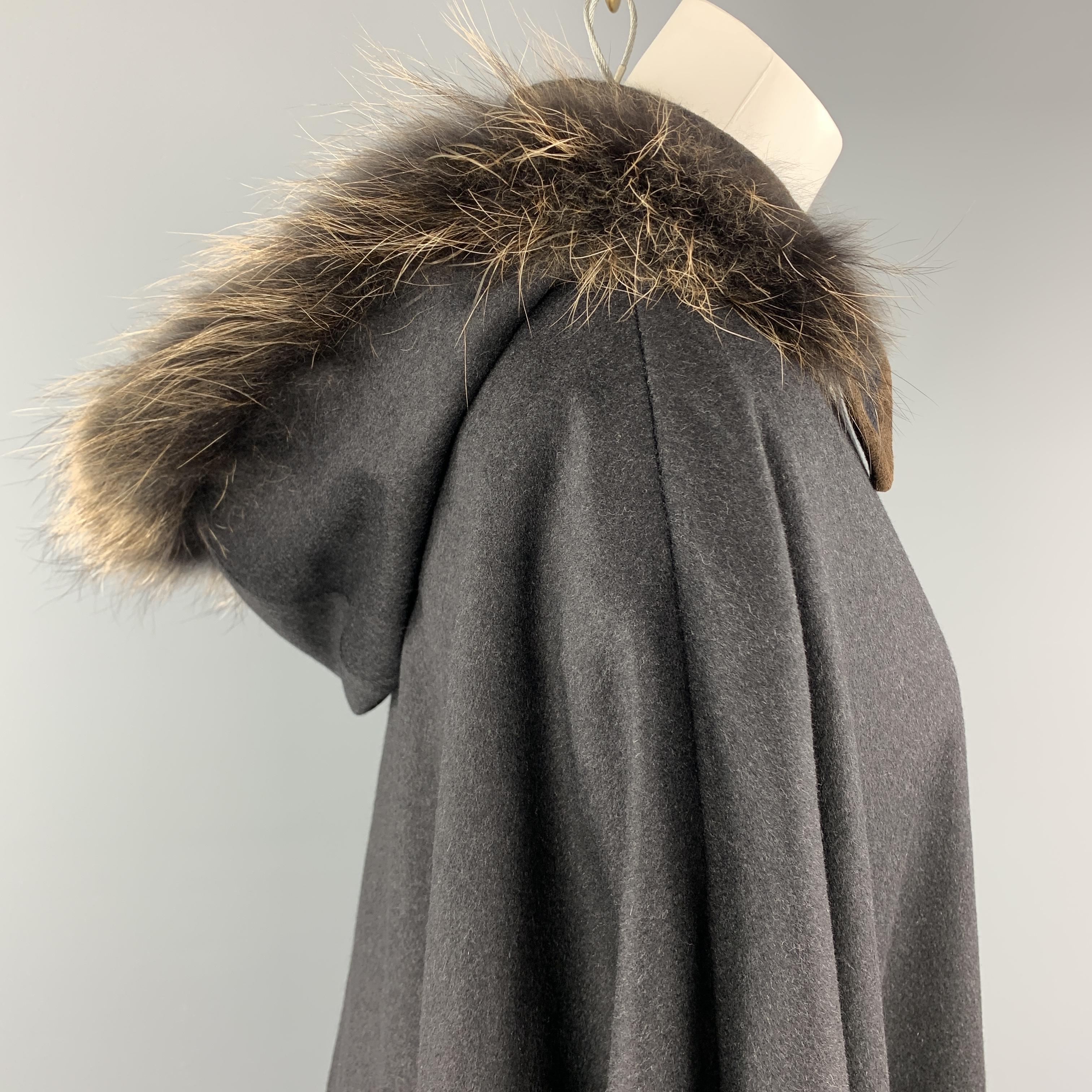 Black SCHNEIDERS SALZBURG Size L Charcoal Wool / Cashmere Fur Trimmed Hood Cape