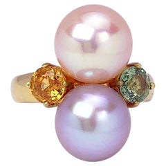 Schoeffel 18 Karat Yellow Gold Pearl and Ring with Green and Orange Sapphires