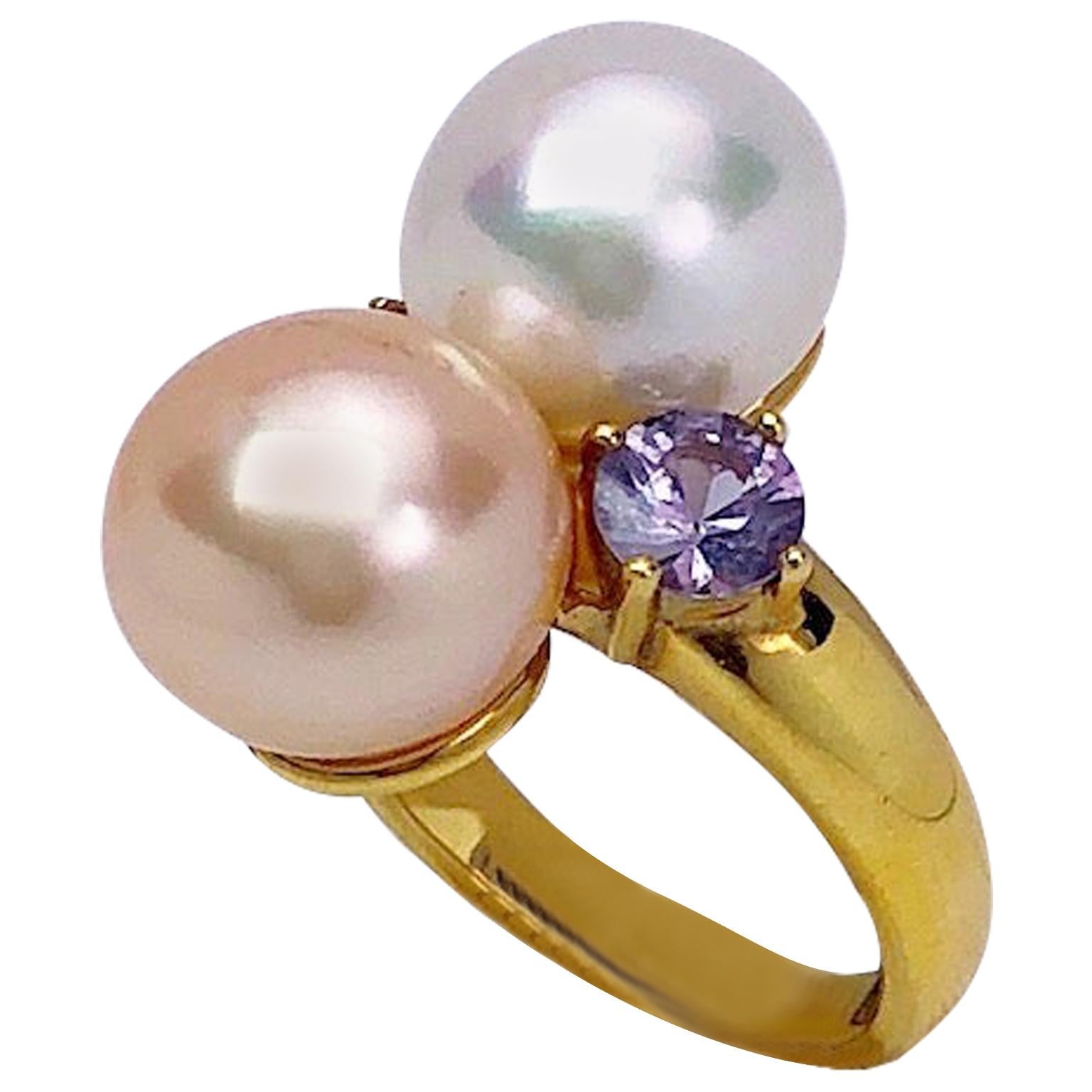 Schoeffel 18 Karat Yellow Gold Pearl Ring with Pink and Lavender Sapphires