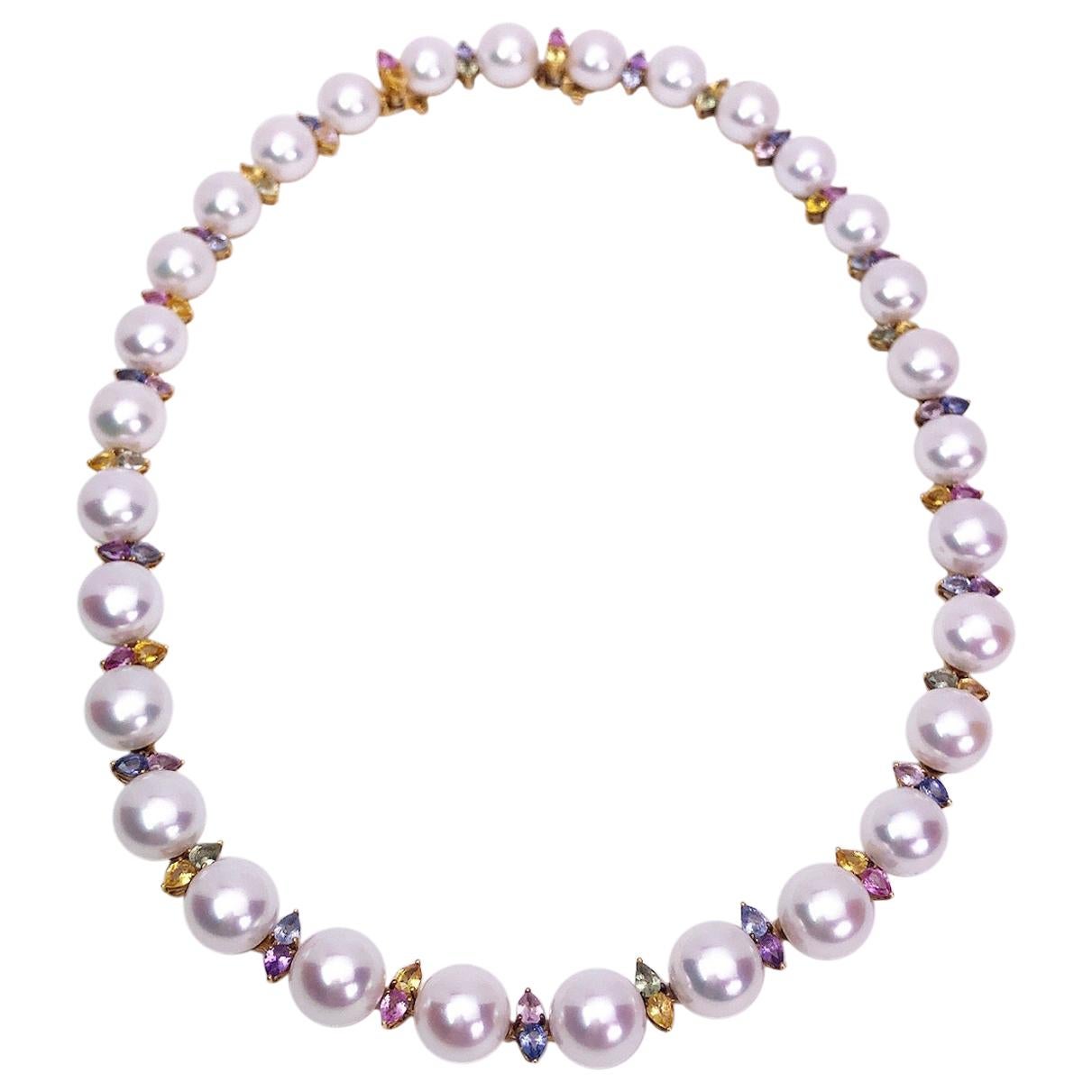 Schoeffel 18K Gold Freshwater Pearl Necklace with Multicolored Pear Sapphires For Sale