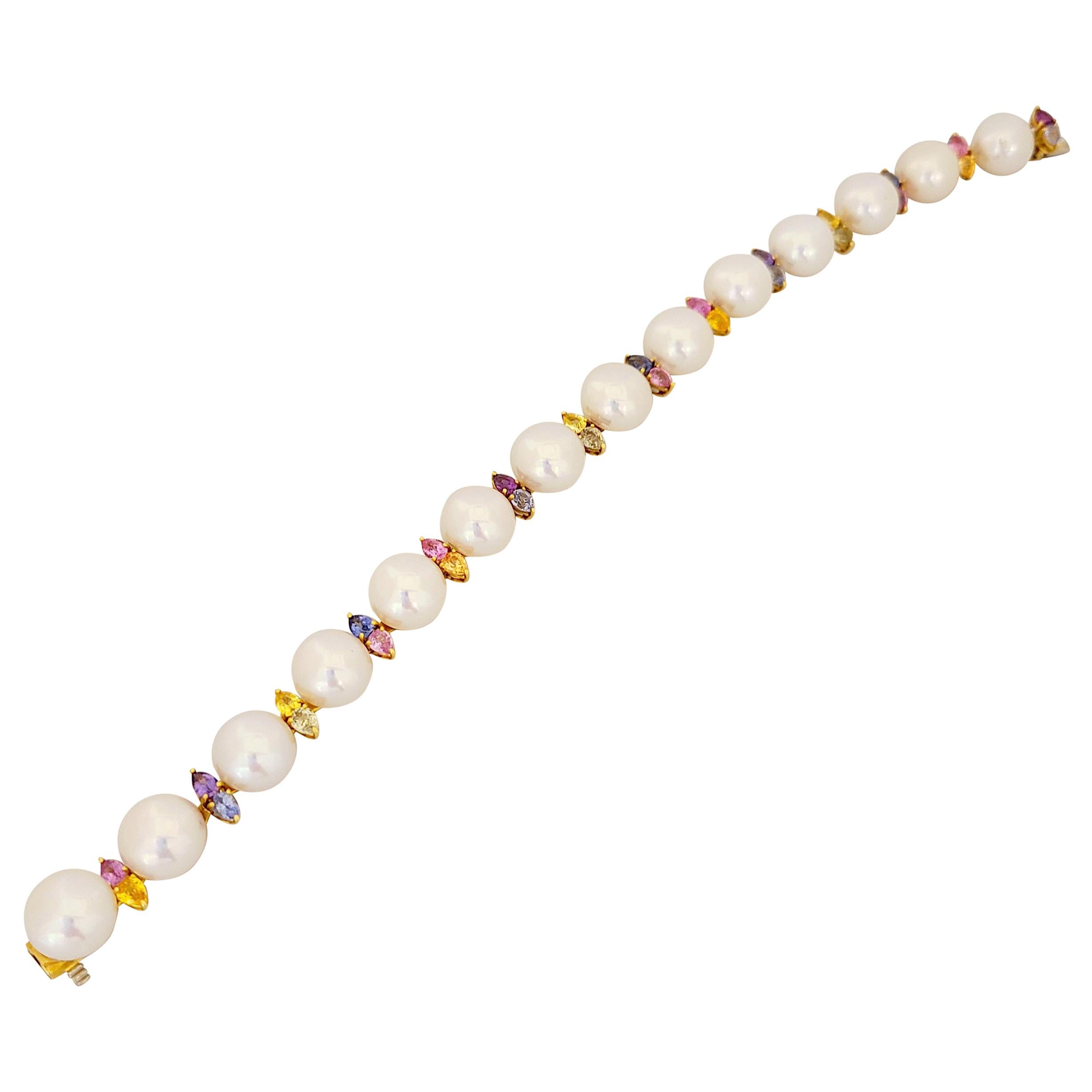 Schoeffel 18KT Y Gold Freshwater Pearl Bracelet with Multicolored Pear Sapphires For Sale