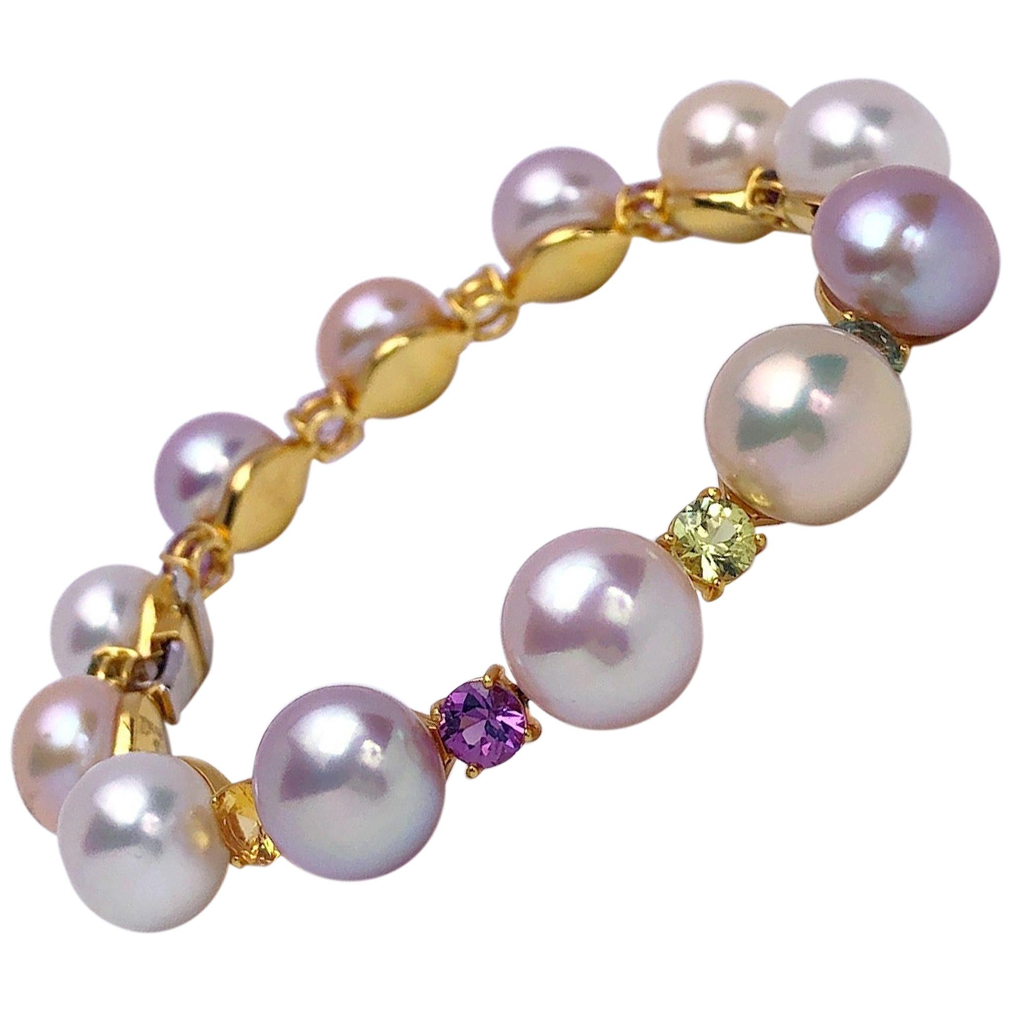 Schoeffel 18KT Yellow Gold Fresh Water Pearl Bracelet w/ Multicolored Sapphires