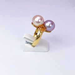 Schoeffel 18 Karat Yellow Gold Pearl and Ring with Green and Orange Sapphires