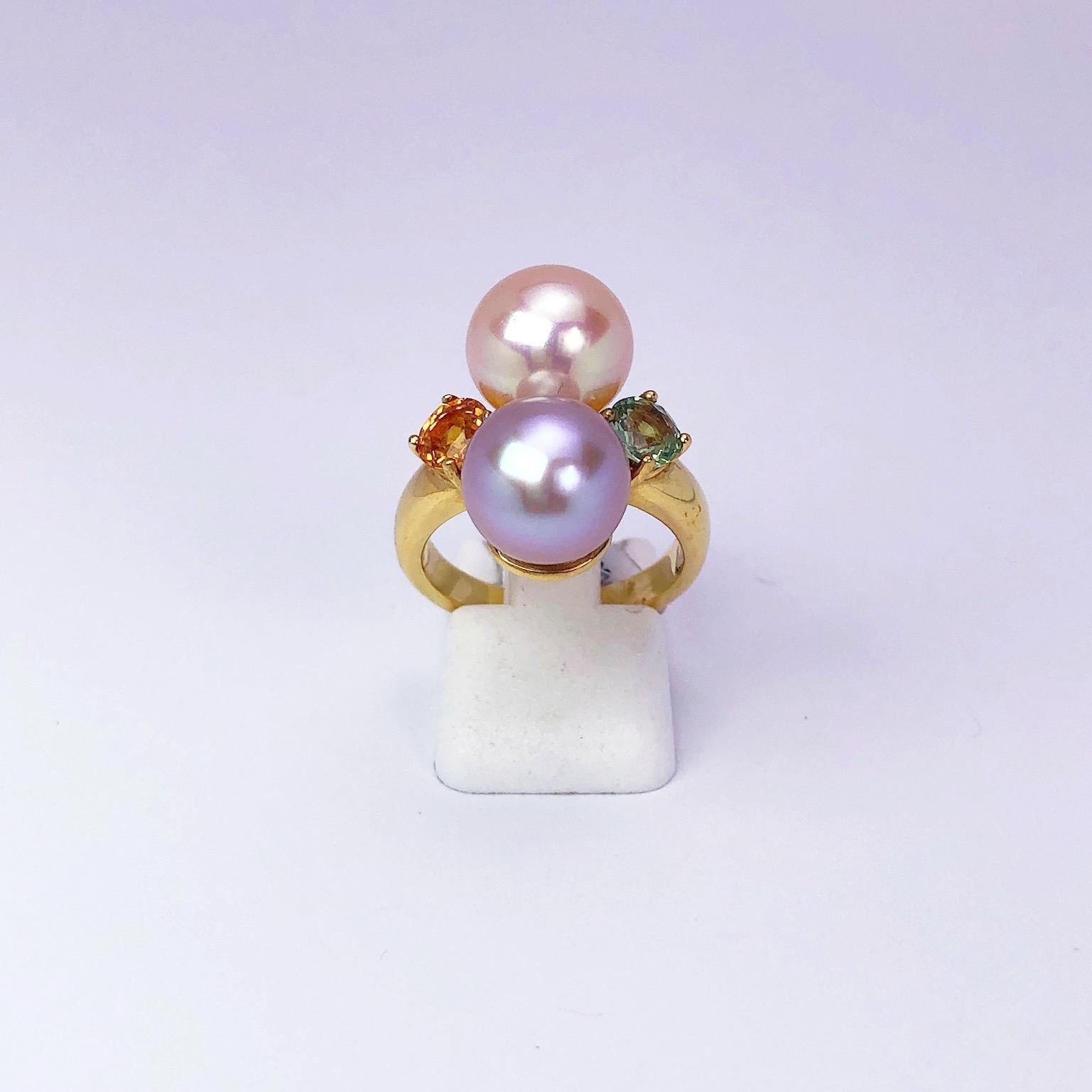 Modern Schoeffel 18 Karat Yellow Gold Pearl and Ring with Green and Orange Sapphires For Sale