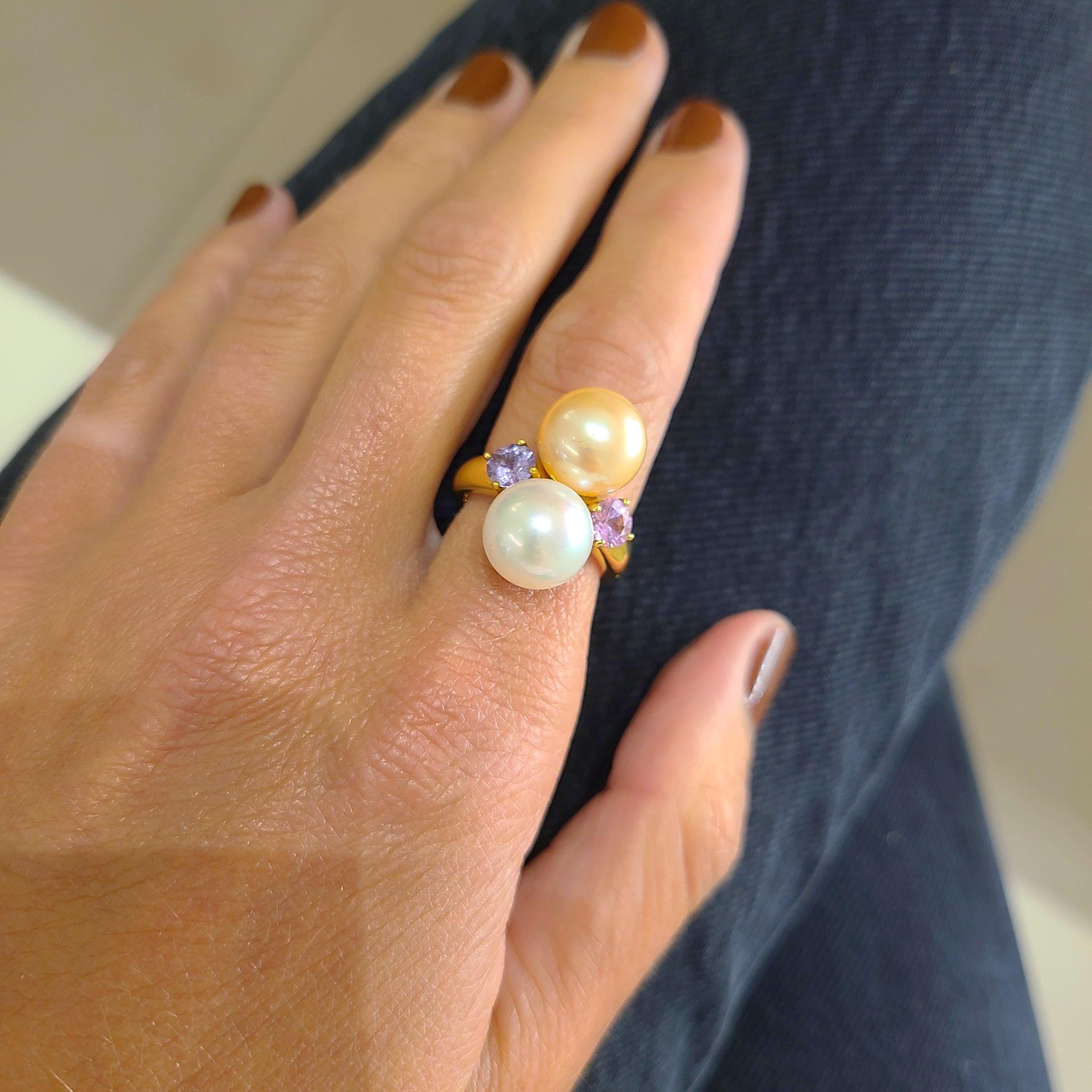 Schoeffel 18 Karat Yellow Gold Pearl Ring with Pink and Lavender Sapphires In New Condition For Sale In New York, NY