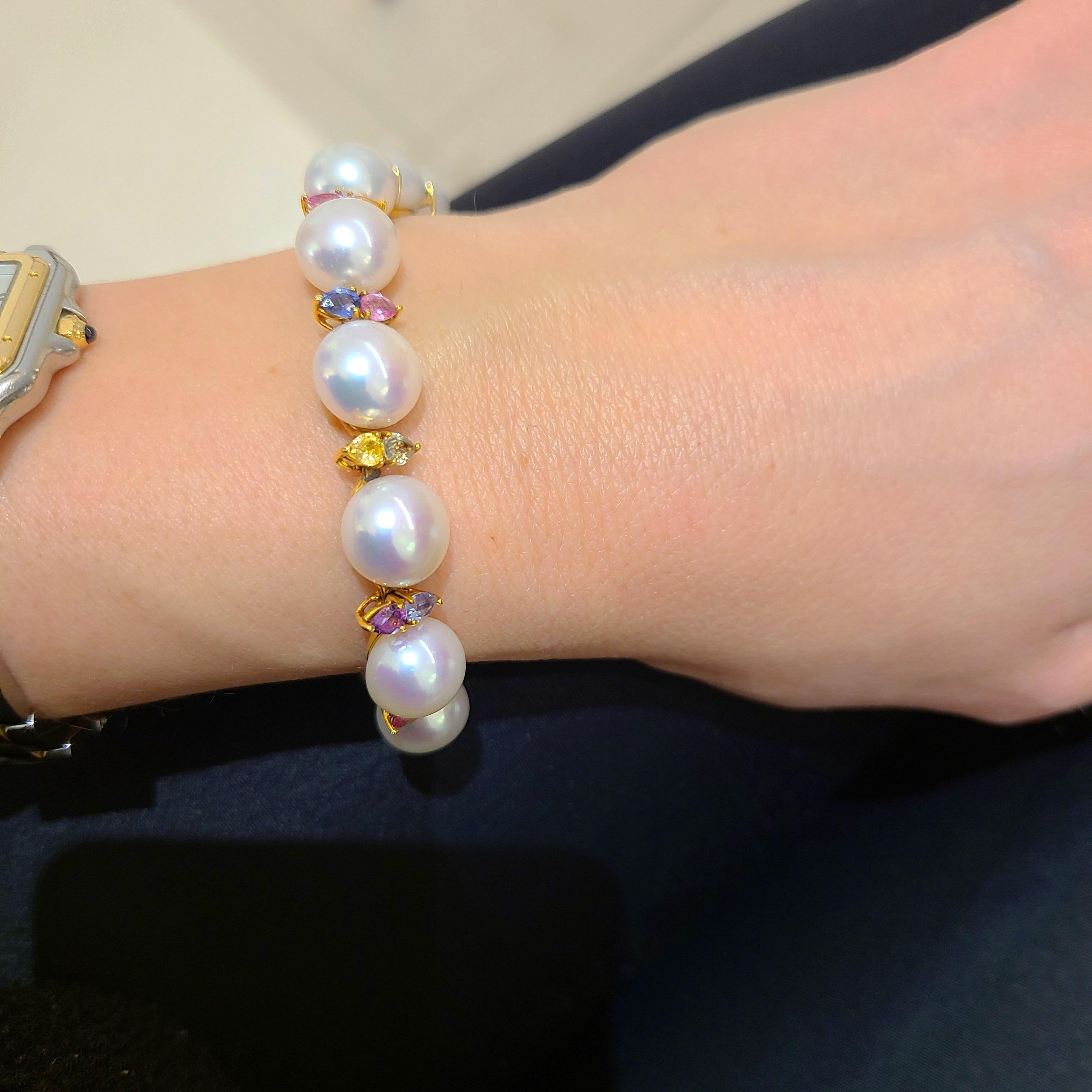 Modern Schoeffel 18KT Y Gold Freshwater Pearl Bracelet with Multicolored Pear Sapphires For Sale