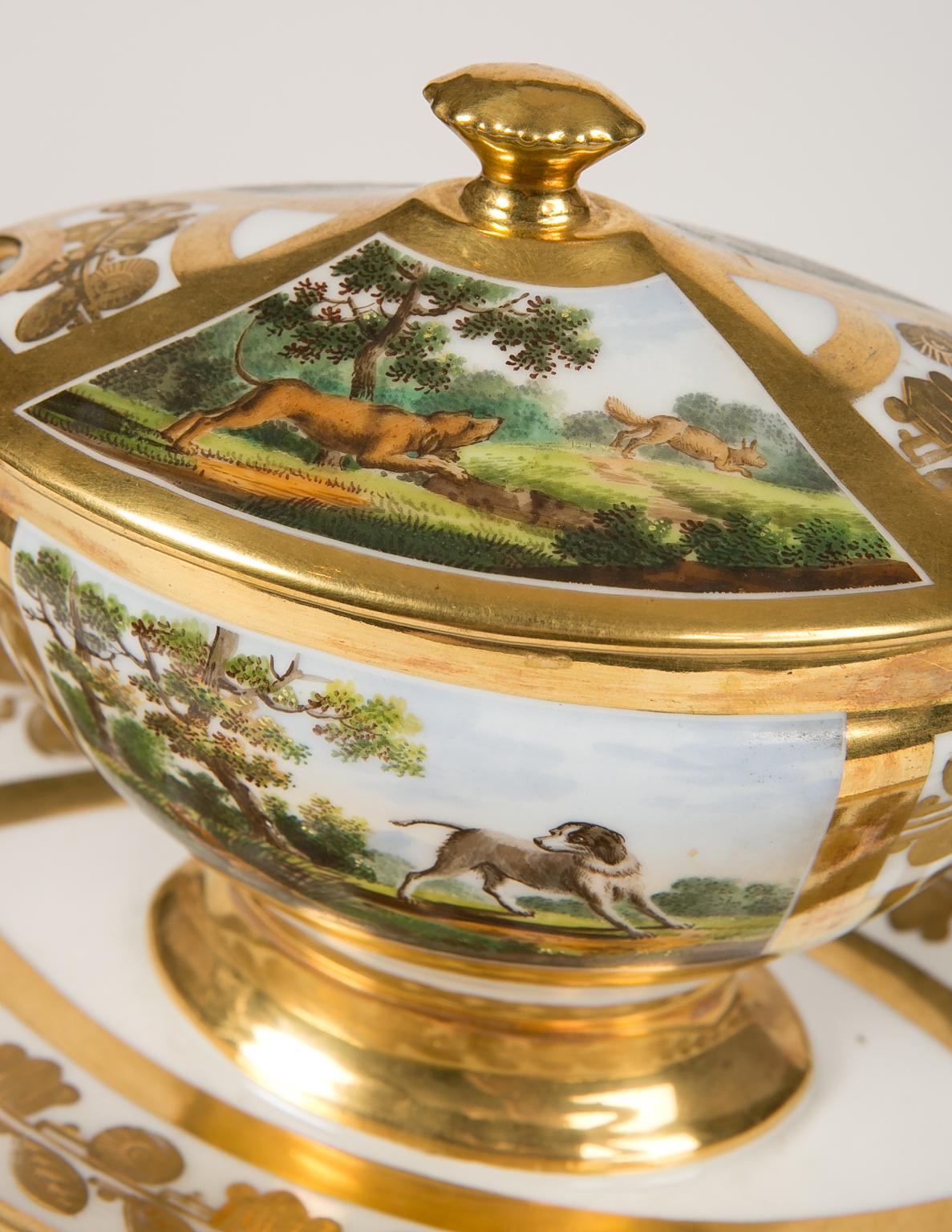 Romantic Schoelcher Porcelain Tureen Showing Hunting Dogs