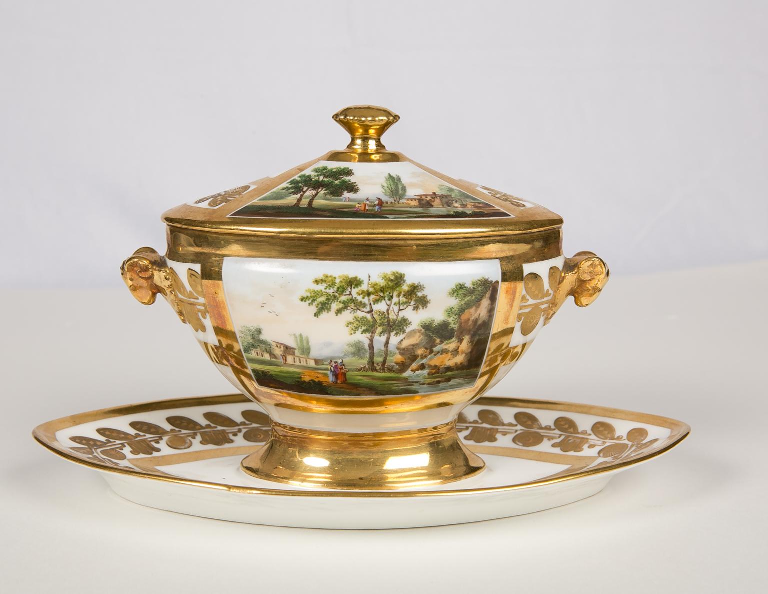 Hand-Painted Schoelcher Porcelain Tureen Showing Hunting Dogs