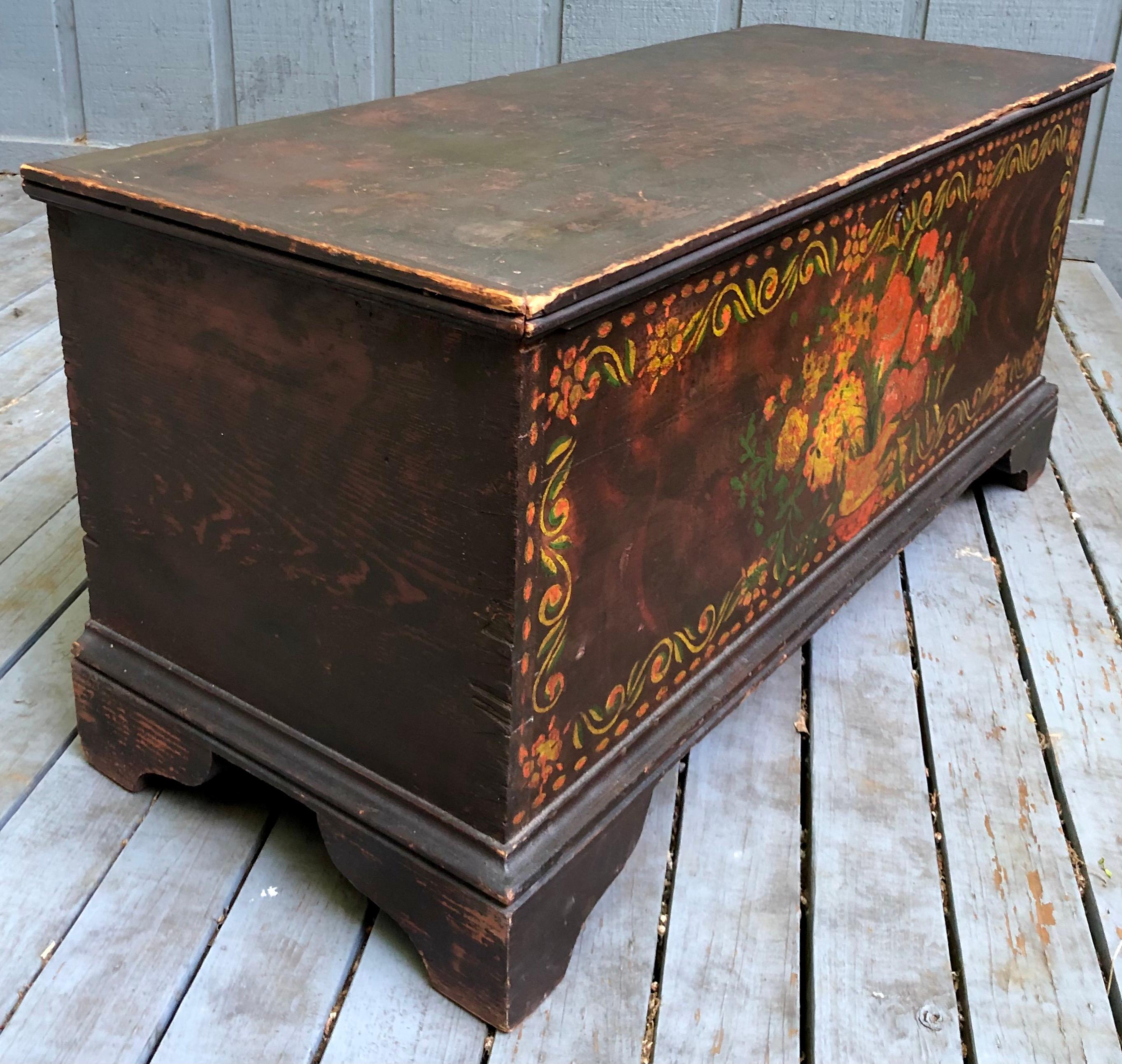Best possible original paint decorated surface featuring a strong bracket base and very desirable proportions. The inside top inscribed E. V. Wormer and E.V.W.M.M.W. Dating 1830s to 1840s.
There are no noticeable restorations, most likely very