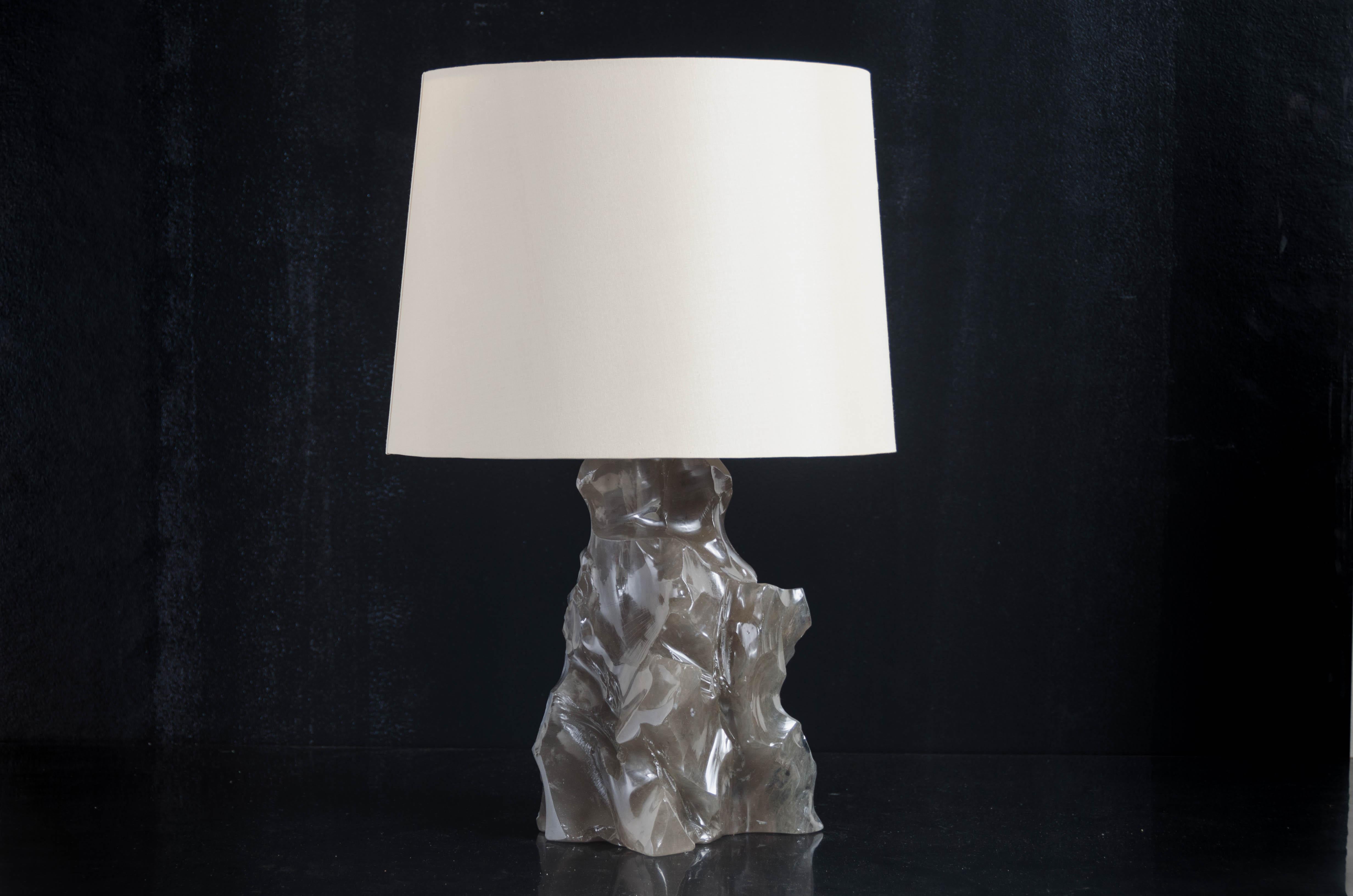 Scholar rock lamp
Smoke crystal
Hand carved
Silk shade
Lamp shade dimensions: 14