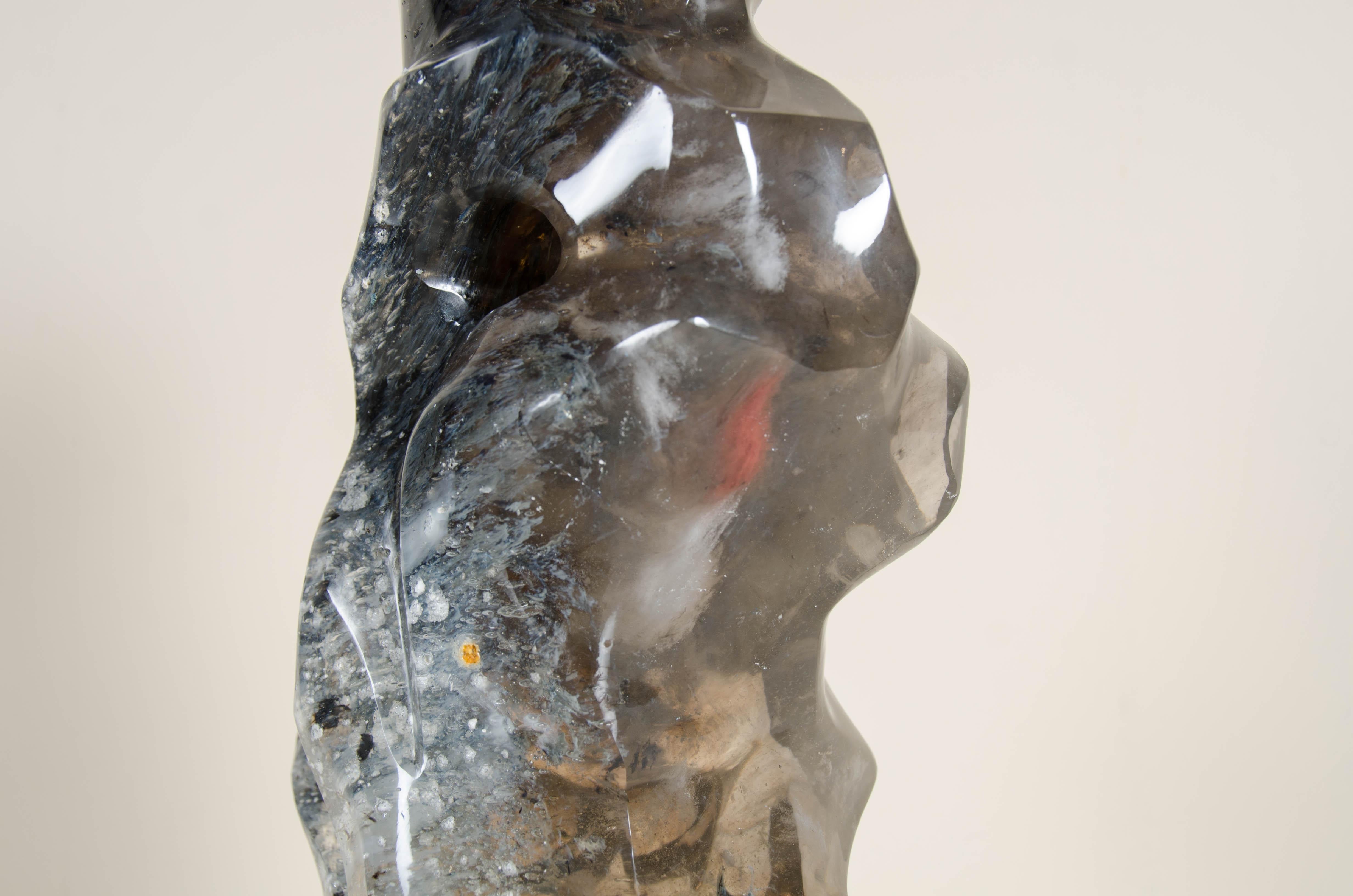 Rock Crystal Scholar Rock, Smoke Crystal by Robert Kuo, Hand Carved, Limited Edition For Sale
