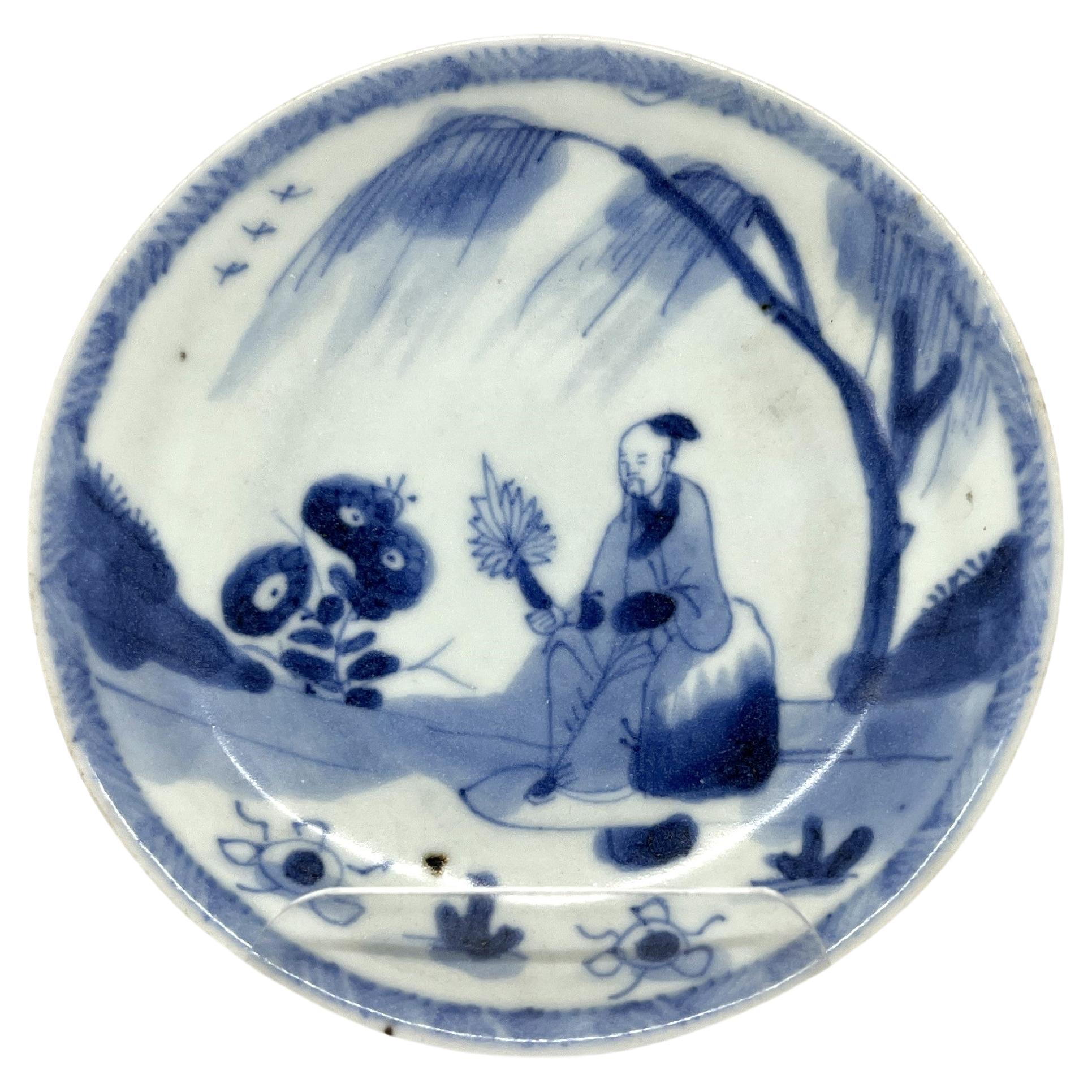 Soucoupe savante en bleu et blanc C 1725, Dynastie Qing, règne de Yongzheng en vente