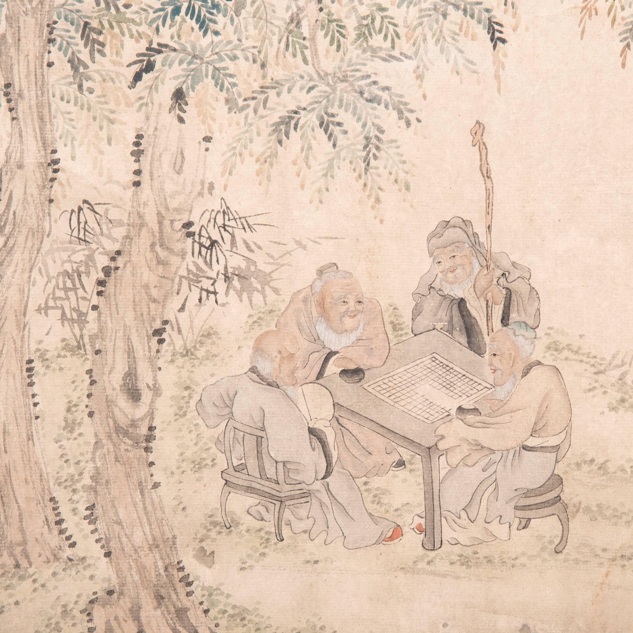 Recently spied in Shanghai, this northern Chinese painting dates from circa 1900. Delicately rendered in ink, the work depicts a group of men enjoying a summer day by playing a game of Go. Also known as weiqi, this ancient game of strategy was