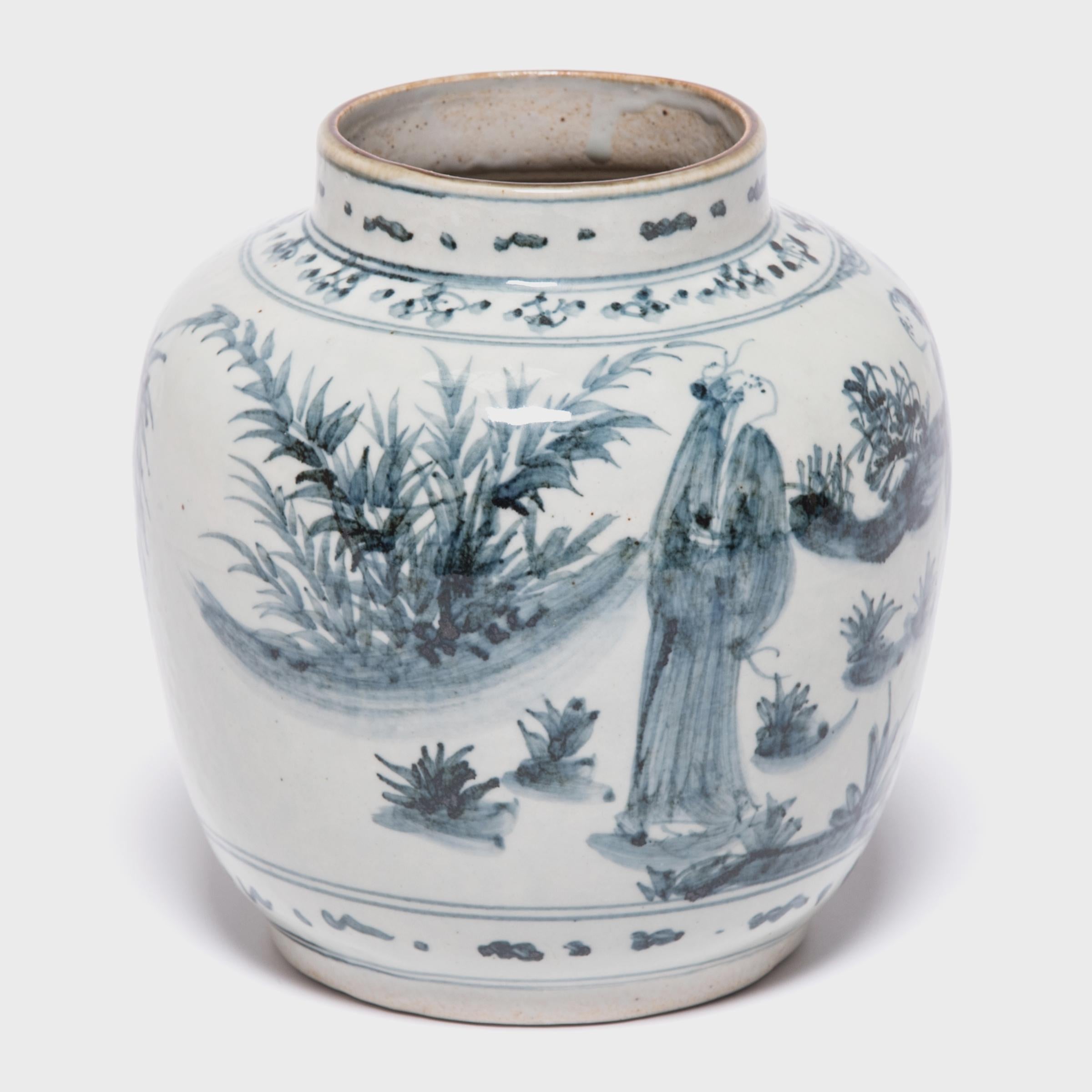 A connoisseur of fine ceramics, the scholar who owned this jar surely demonstrated his vast knowledge of the time-honored technique of blue and white glazing by proudly displaying it among his prized objects. A departure from the more carefully