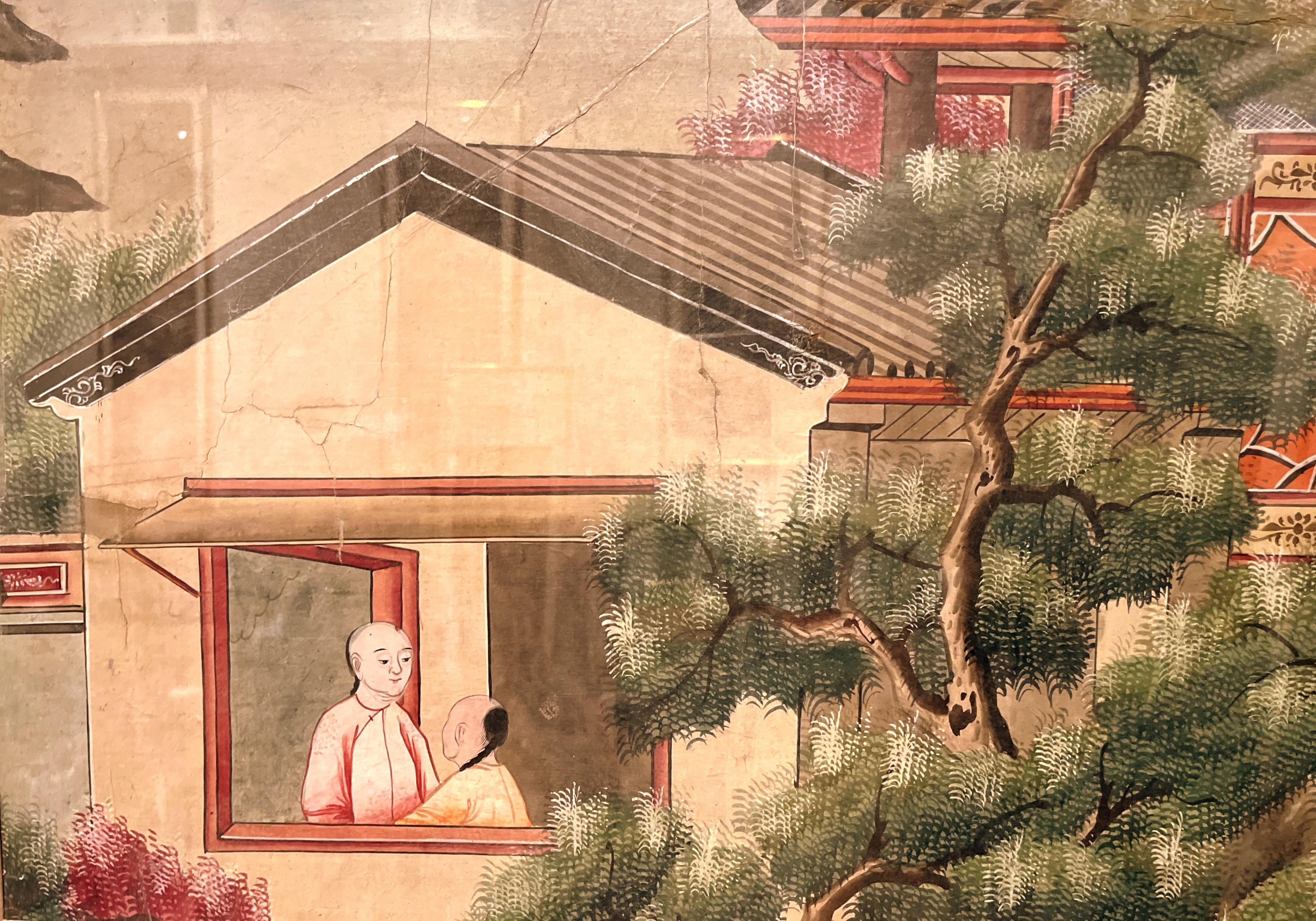Oiled Scholars in the Pavilion China Trade Painting For Sale