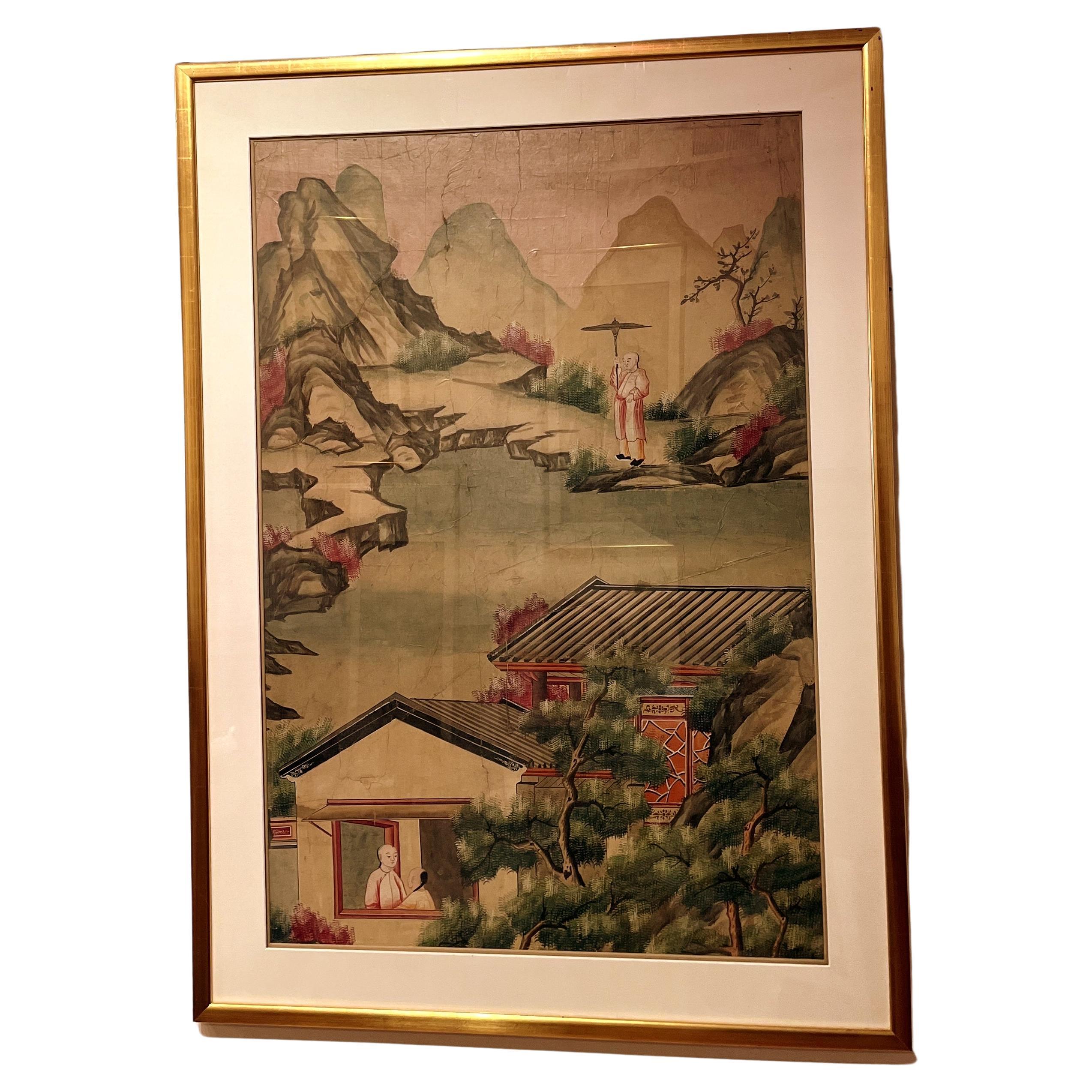 Scholars in the Pavilion China Trade Painting For Sale