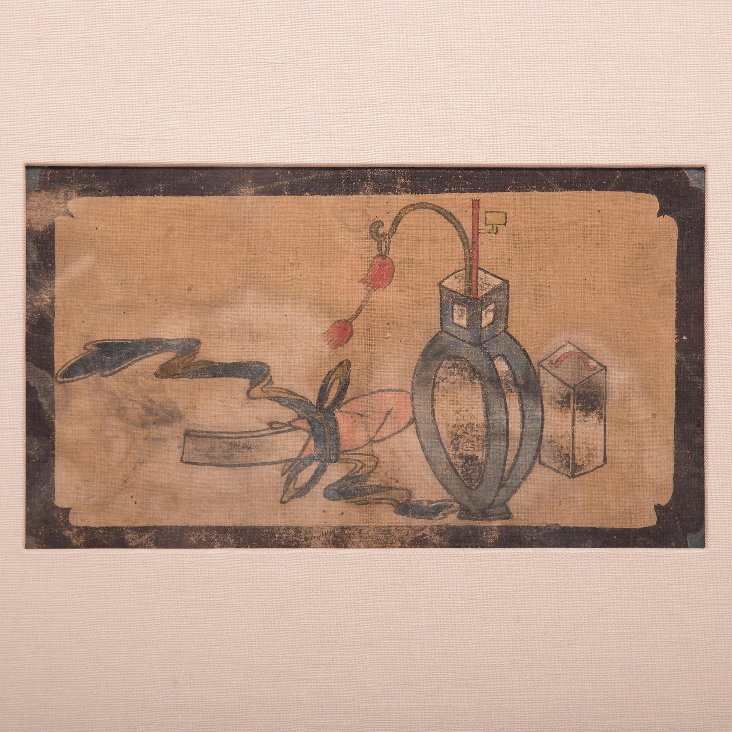 A scroll and a small lantern depicted in this 19th century painting suggest the romantic notion of a Chinese scholar painting in the evening hours. Remarkably vivid, this painting was originally part of a series of paintings paying tribute to the