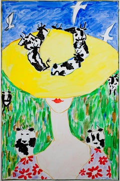 Retro "Yellow Cow Hat, " acrylic painting on canvas by Schomer Lichtner