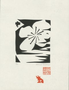 'Flower' original abstract linocut in black by Wisconsin artist Schomer Lichtner