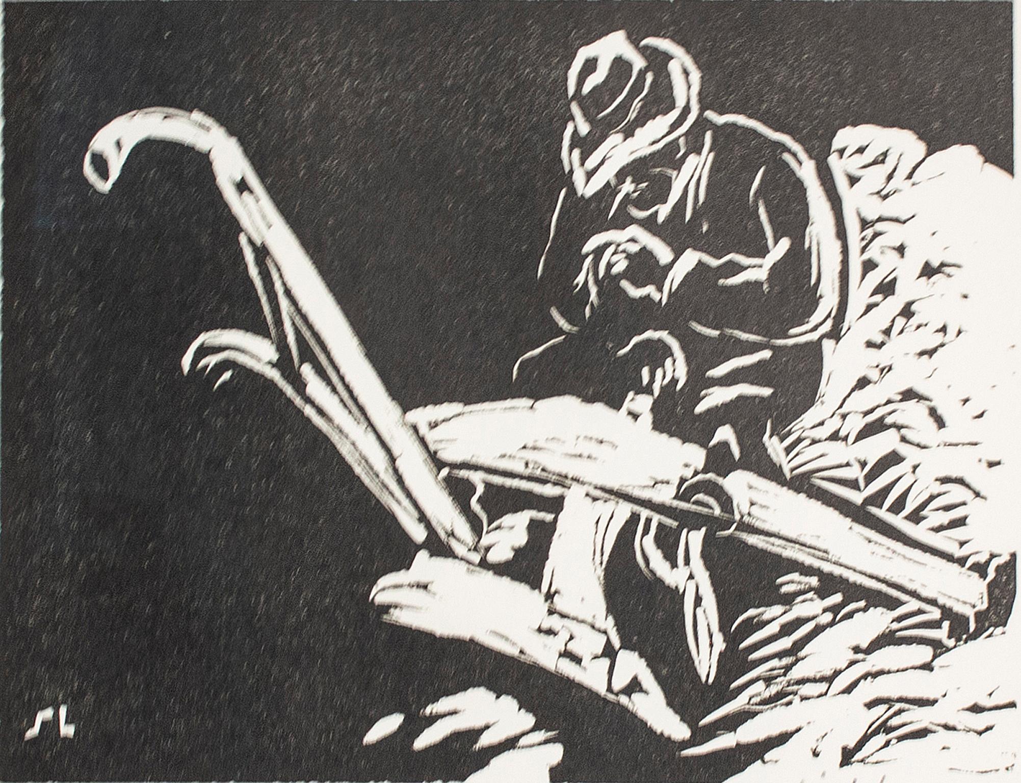 "Meditation" ist ein originaler Linoldruck von Schomer Lichtner, signiert in der unteren rechten Ecke. Es zeigt einen Mann, der mitten in einem Projekt steht und in Ruhe meditiert.

Bild: 6" x 8"
Gerahmt: 14,5" x 14,37"

Lichtner und seine Frau Ruth