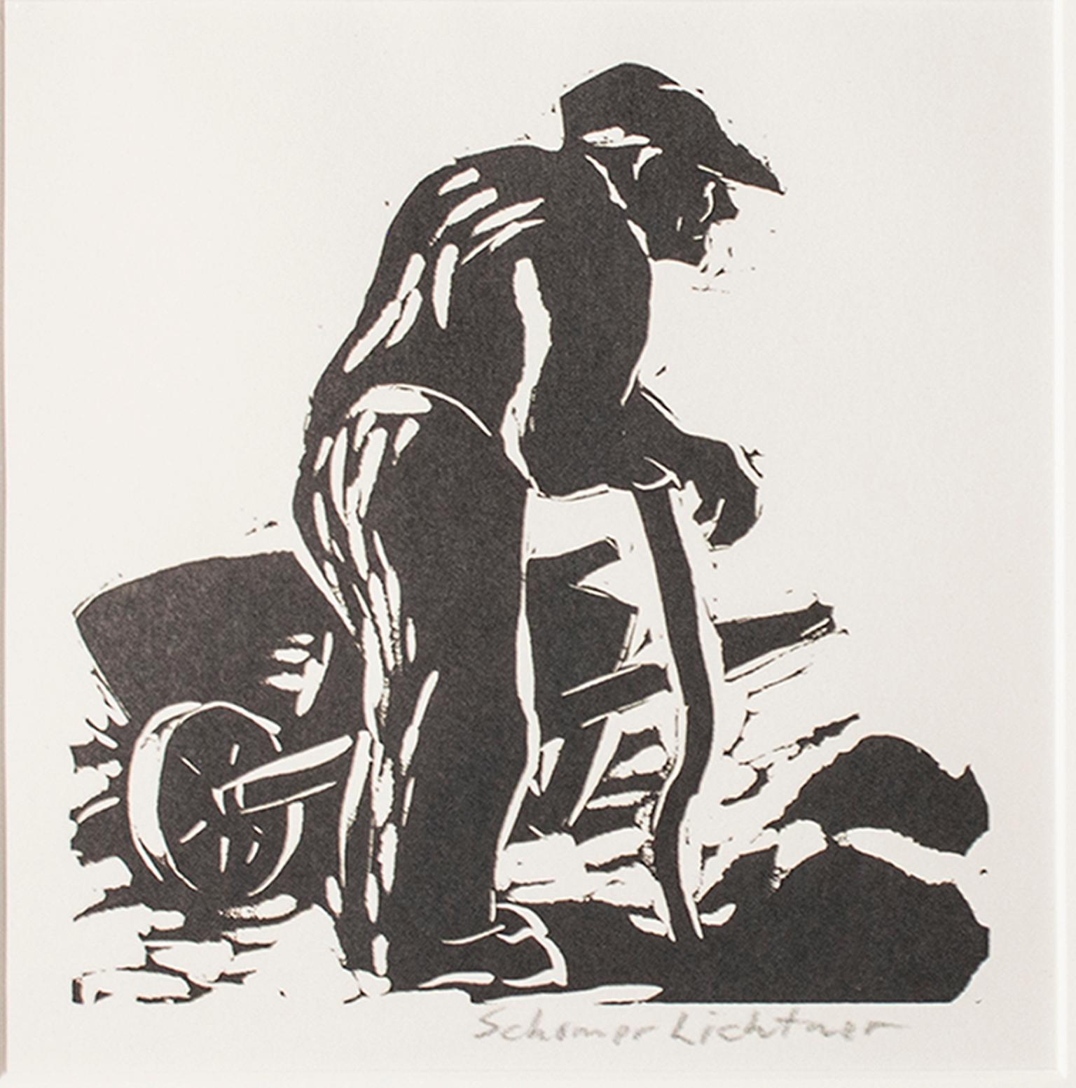 "Rest" ist ein Original-Linoldruck von Schomer Lichtner, signiert in der unteren rechten Ecke. Es zeigt einen Mann, der sich mitten in der Arbeit auf einem Stock ausruht.

Bild: 5.63" x 5.38"
Gerahmt: 14.93" x 14.81"

Der Künstler Schomer Lichtner