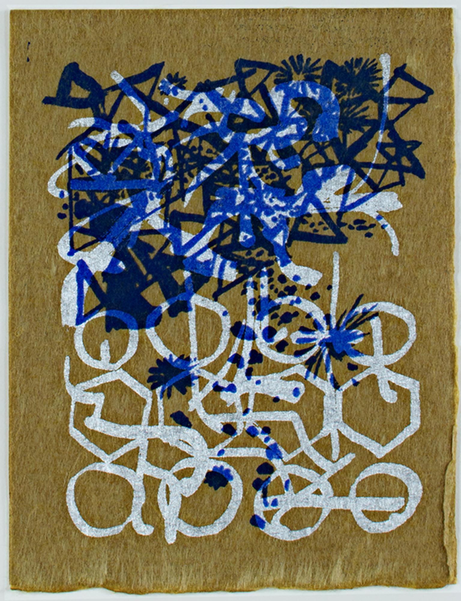 "Season's Greetings" est une sérigraphie couleur originale de Schomer Lichtner. L'artiste a signé l'œuvre dans la trame au verso. Cette pièce présente des motifs abstraits et linéaires en bleu et blanc sur un fond de papier brun. 

6 1/4" x 4 5/8"