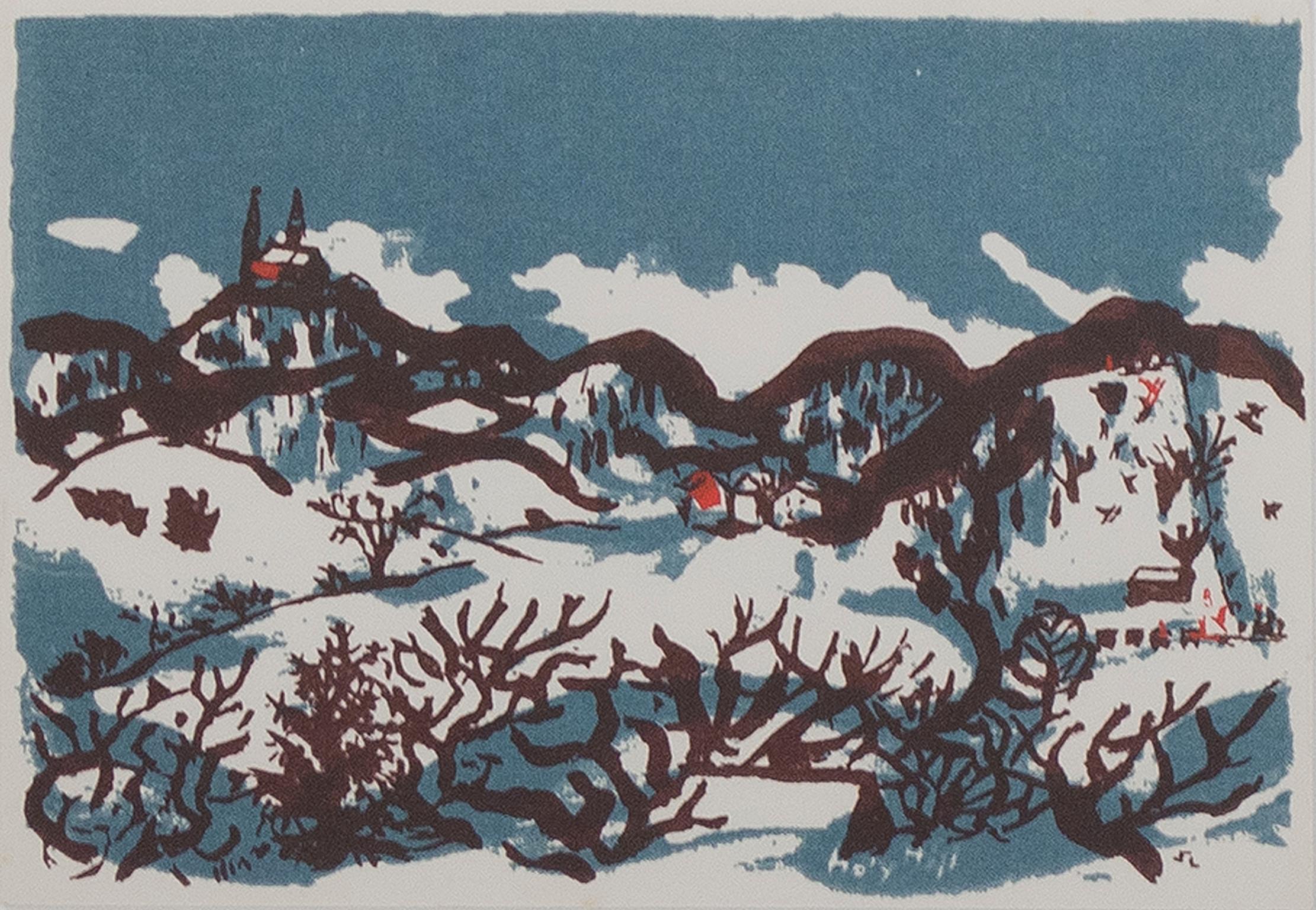"Skiing Near Holy Hill" est une sérigraphie originale de Schomer Lichtner. Les initiales de l'artiste sont en bas à droite, et le titre est le long du bord inférieur. Cette gravure représente des personnes qui font du ski près de Holy Hill, dans le