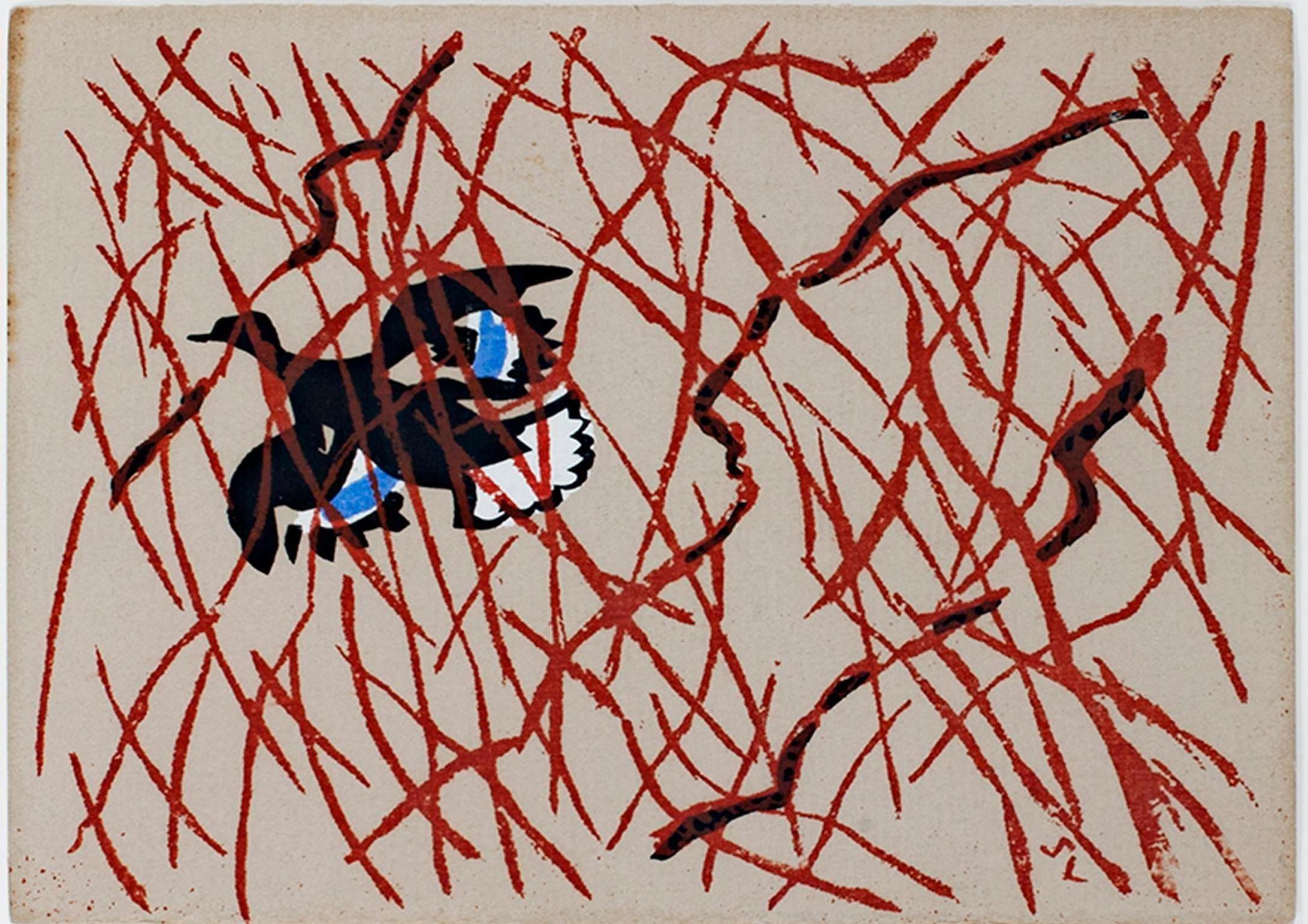 "The Flight (Duck Flying)" est une sérigraphie couleur originale de Schomer Lichtner. L'artiste a apposé ses initiales en bas à droite. Cette pièce représente un canard en vol à travers des lignes hachurées rouges. 

4 3/4" x 6 3/4" art
cadre de 13"