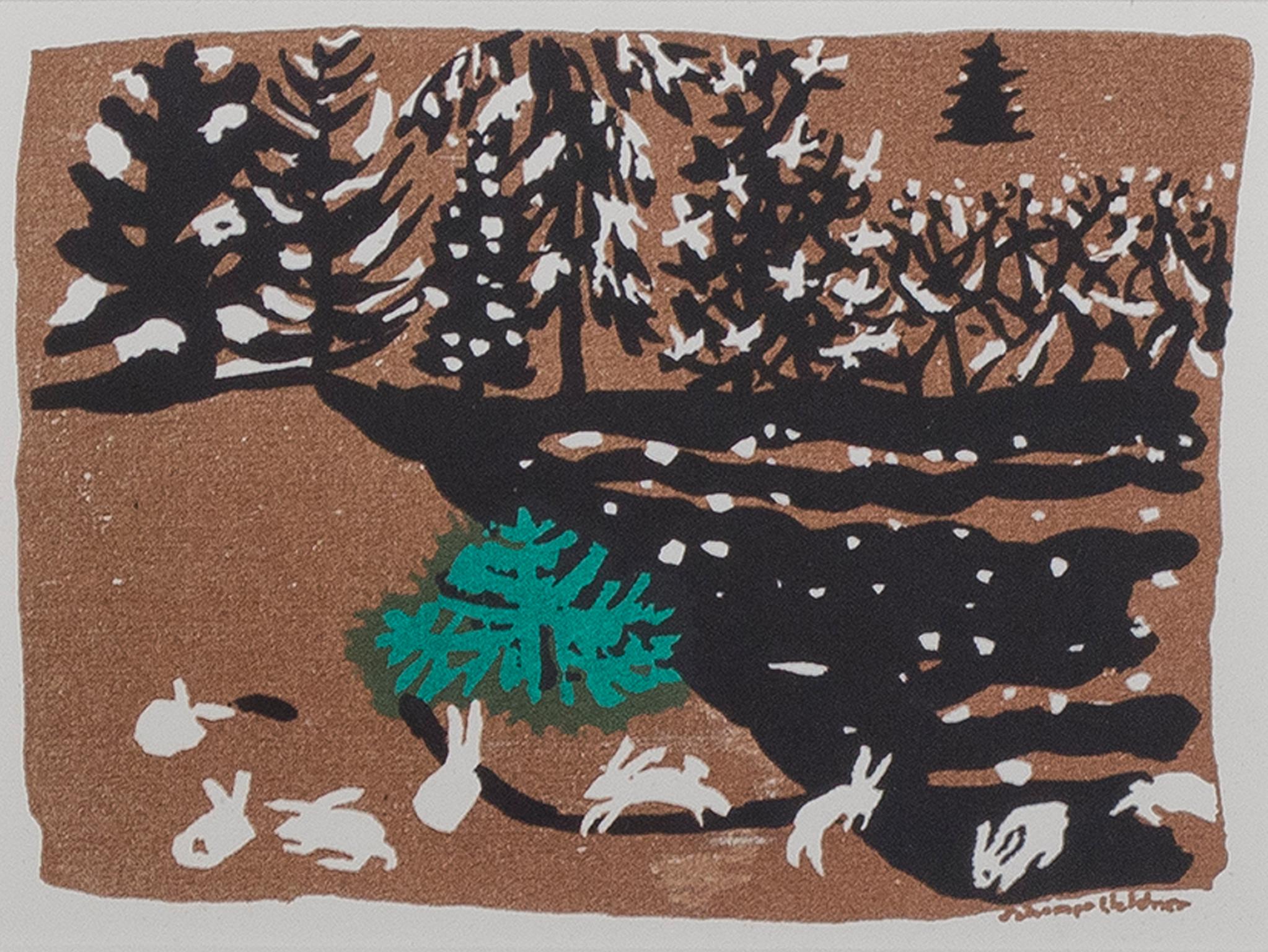 "The Merrymakers" is an original silkscreen print by Schomer Lichtner. The artist's signature is in the lower right. This artwork features white rabbits frolicking in a winter landscape. The artist used brown, green, and black to create this work.