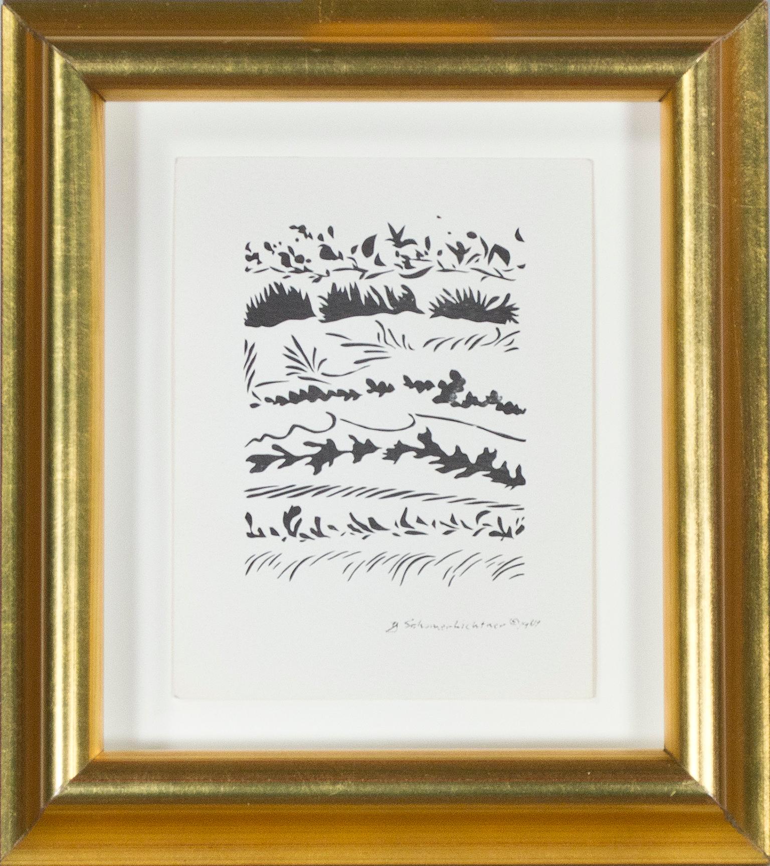 silhouettes d'hiver", une petite et délicate gravure, est une lithographie offset originale de l'artiste de Milwaukee, Schomer Lichtner. La composition présente des registres de feuillage, émergeant du blanc du papier comme s'ils sortaient du sol
