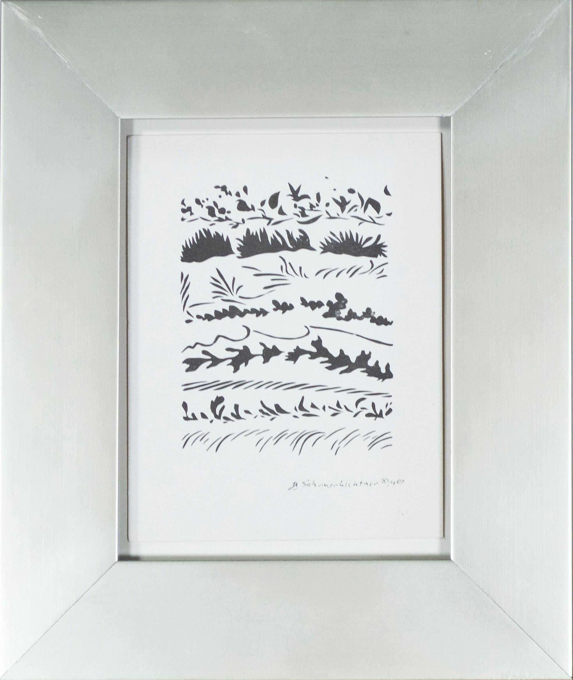 silhouettes d'hiver", une petite et délicate gravure, est une lithographie offset originale de l'artiste de Milwaukee, Schomer Lichtner. La composition présente des registres de feuillage, émergeant du blanc du papier comme s'ils sortaient du sol
