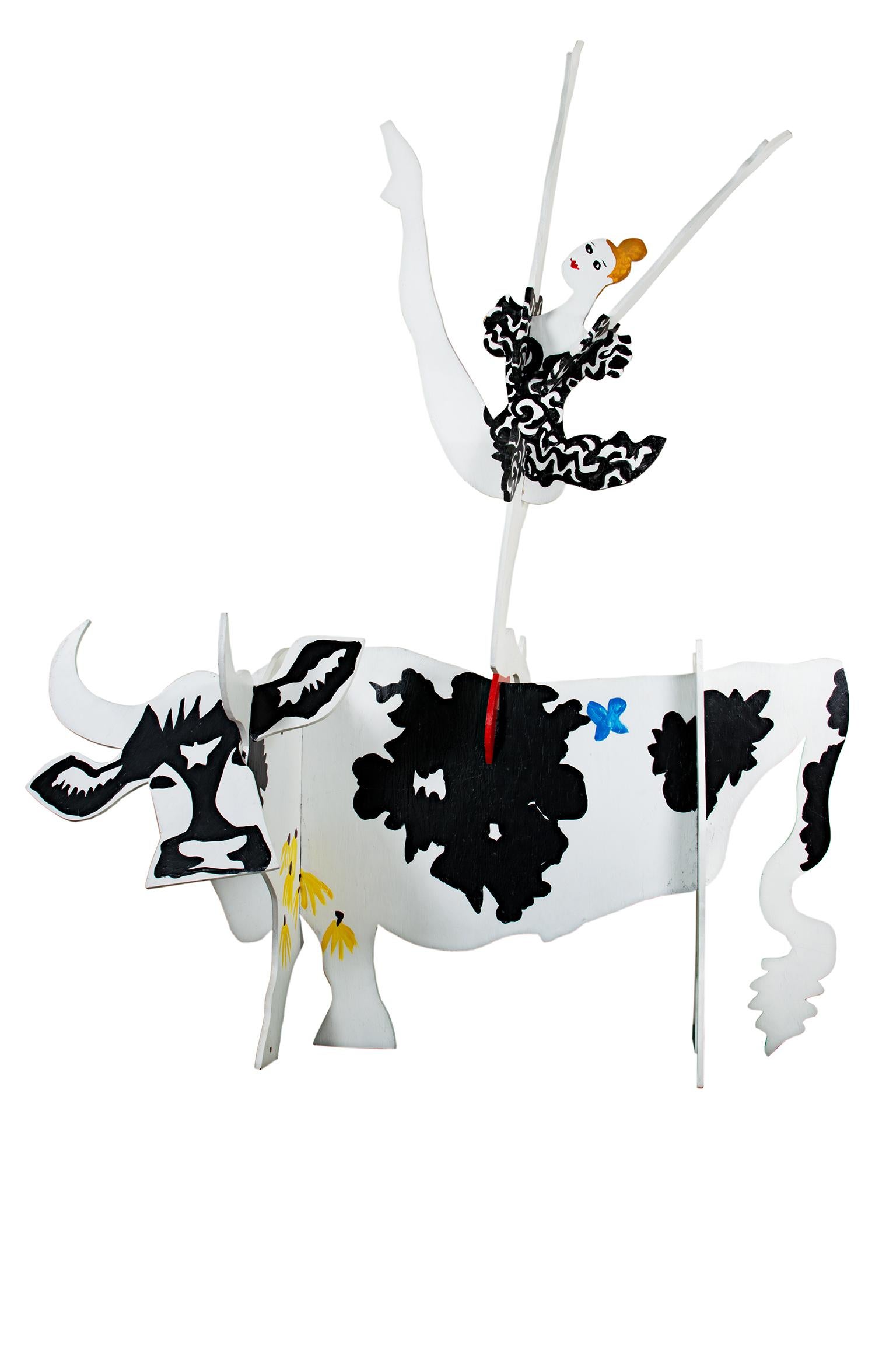 "Cow and Ballerina, " Painted Wood Sculpture signed by Schomer Lichtner