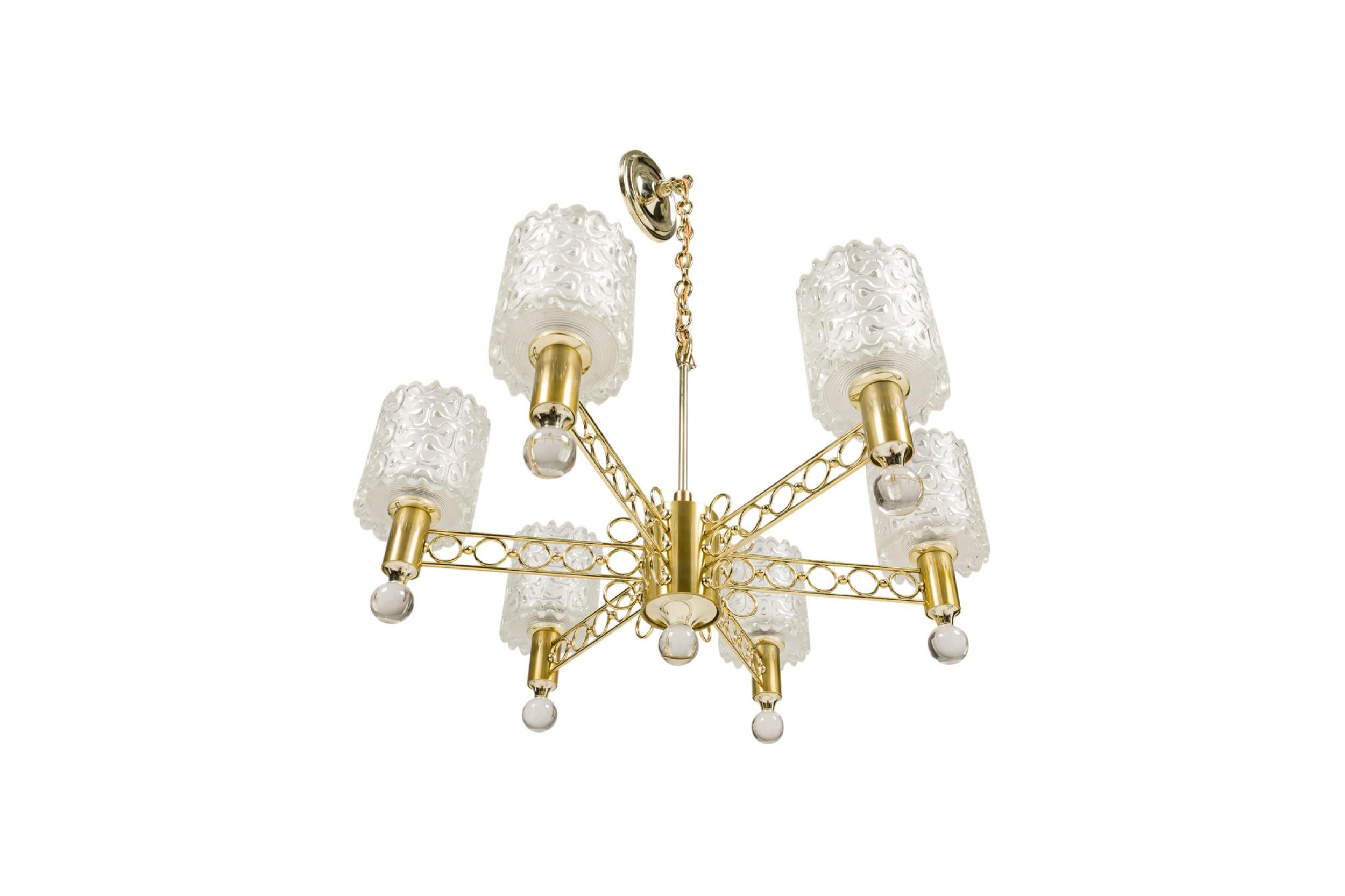 Schonbek & CO. Lustre à 6 branches en laiton et cristal du milieu du siècle dernier en vente 2