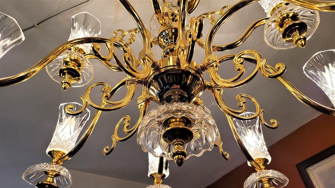 Schonbek Gold and Crystal 12 Branch Chandelier In Good Condition In Dallas, TX