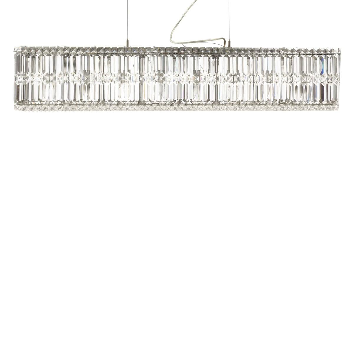 A quantum linear suspension hanging light fixture by Schonbek. 2010 production.

A stunning display of glamour as the two tiers of glistening crystal gems and pendeloques will dazzle the room with luxurious charm. This radiant linear suspension