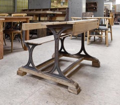 Old 19th Century School Bench with Cast Iron Frame and Desk