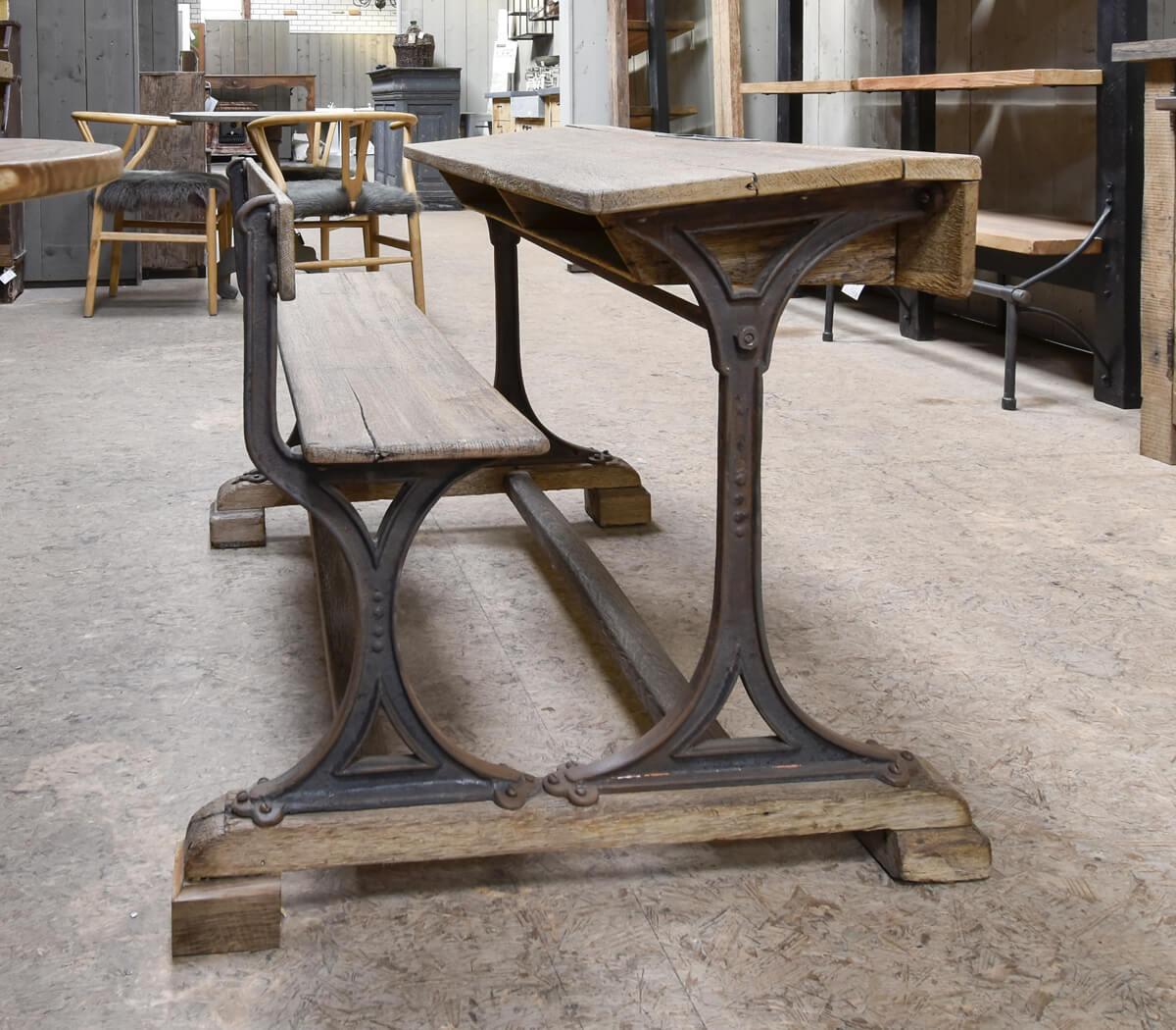 Late 19th Century School bench and table with cast iron frame 19th Century For Sale