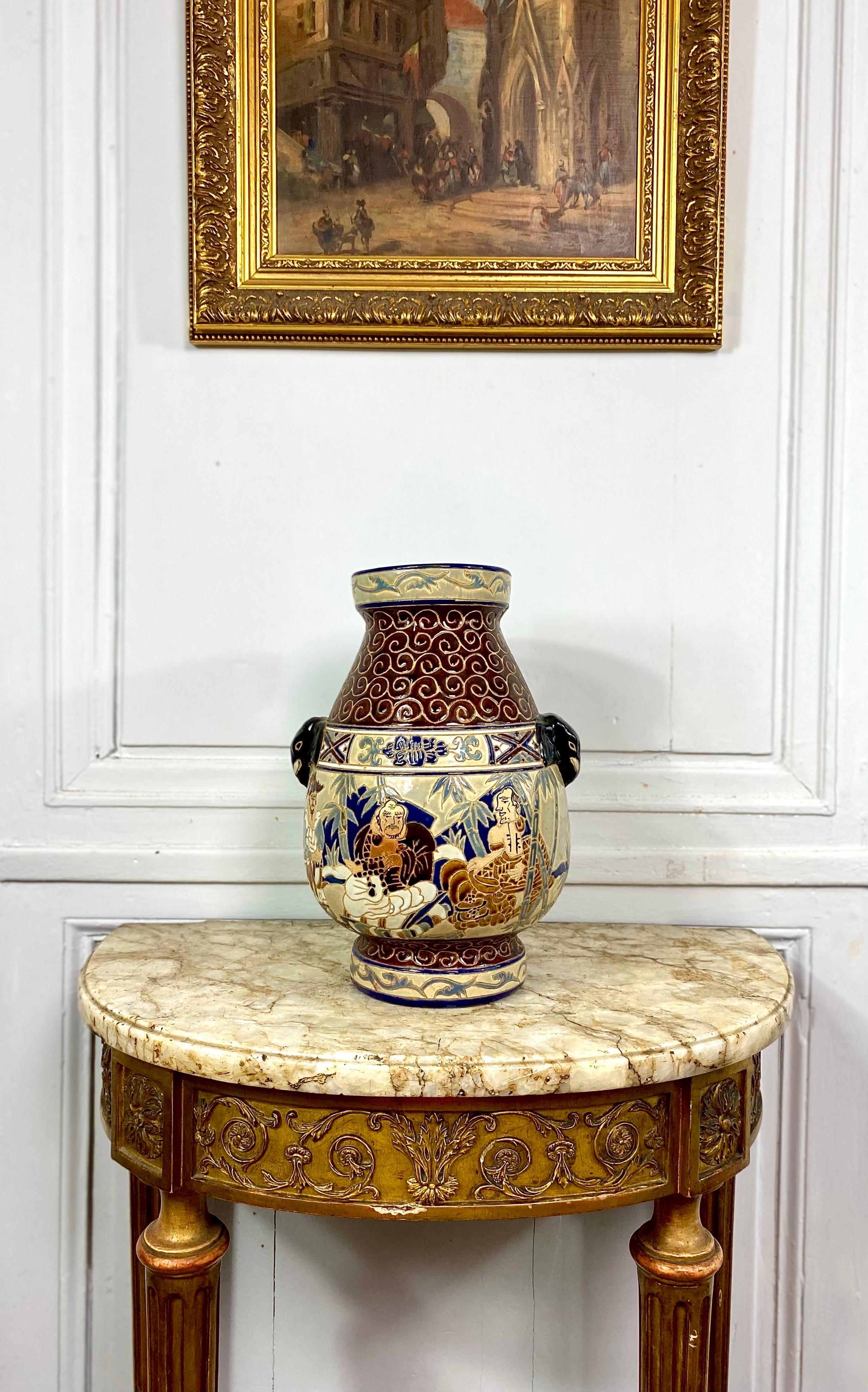 School of Bien-Hoa Glazed Ceramic Vase Decors De Sages, Circa 1930 For Sale 2