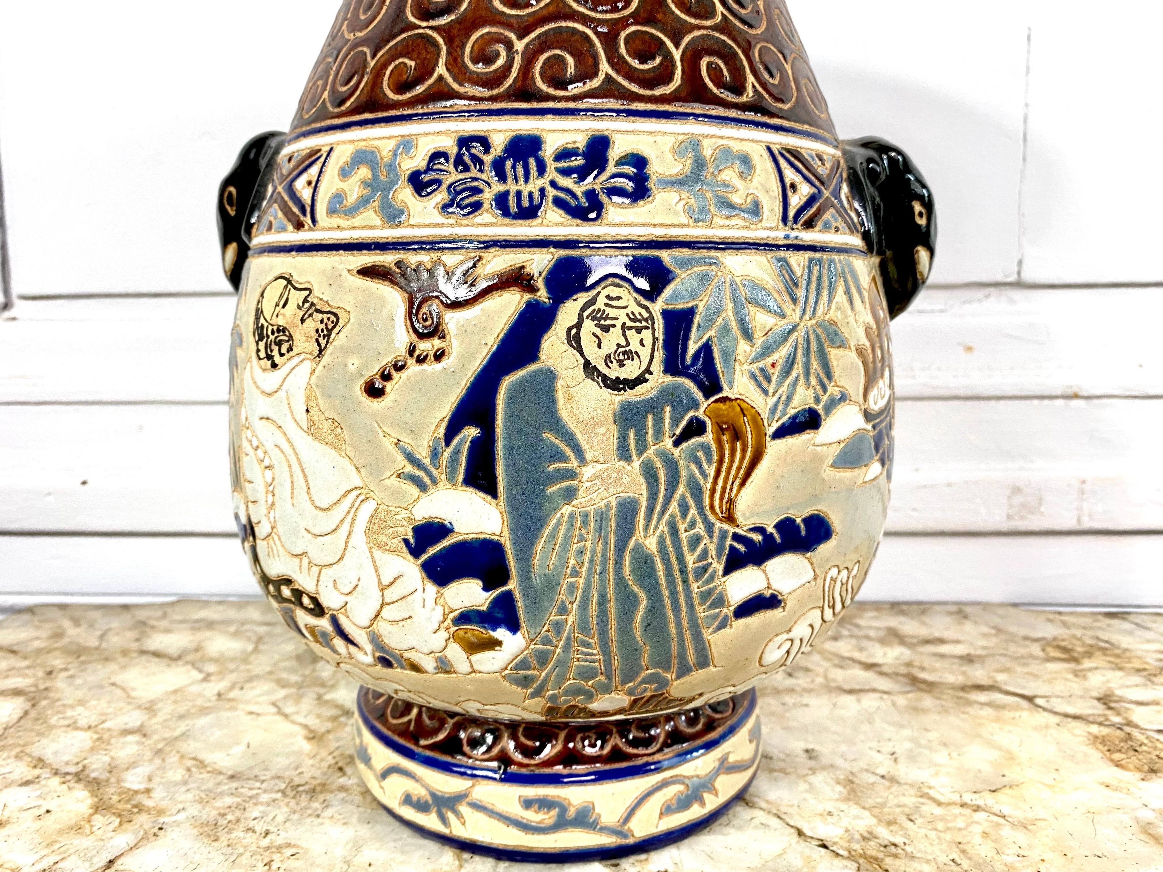 School of Bien-Hoa Glazed Ceramic Vase Decors De Sages, Circa 1930 For Sale 5