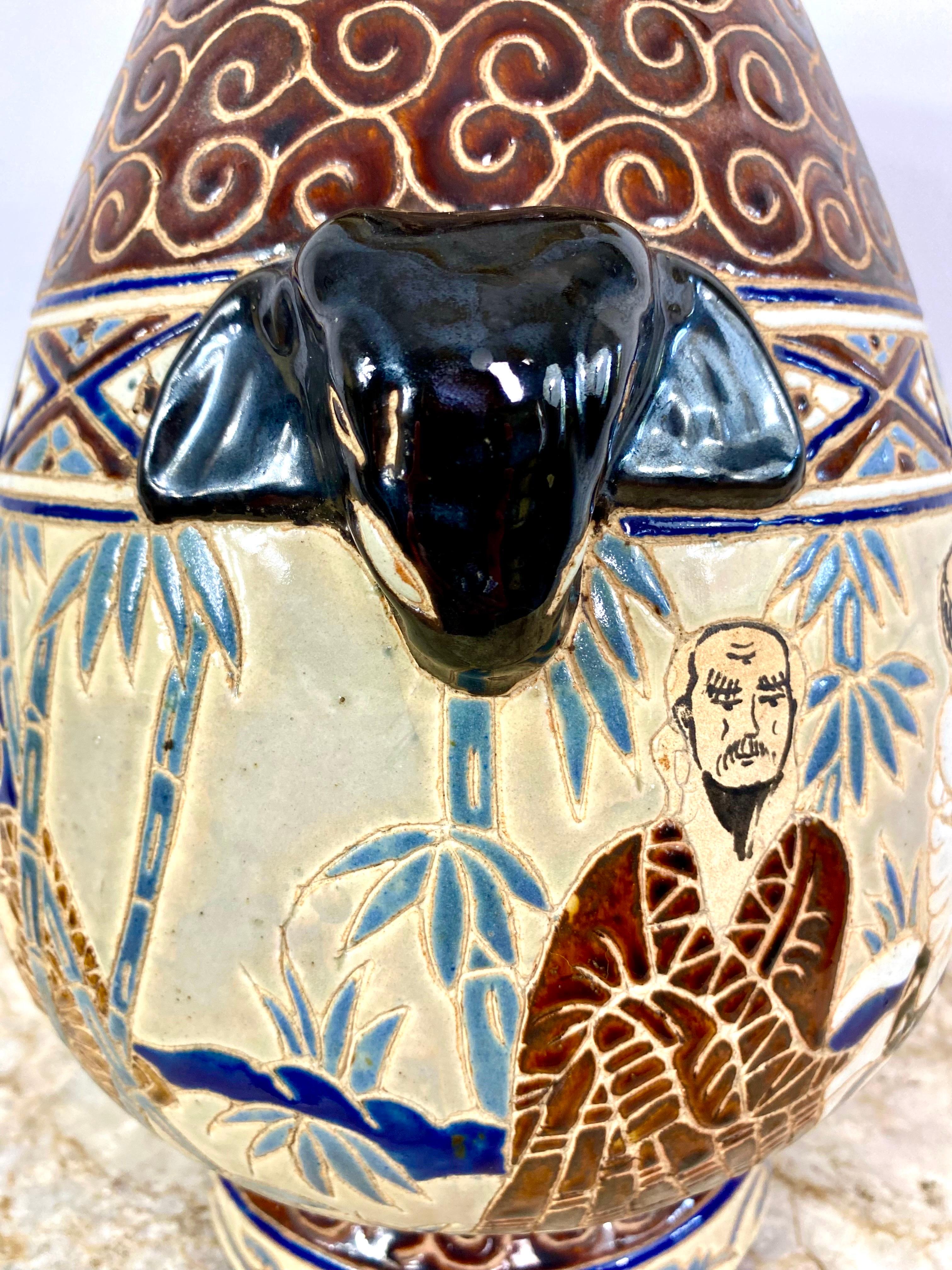 Chinoiserie School of Bien-Hoa Glazed Ceramic Vase Decors De Sages, Circa 1930 For Sale