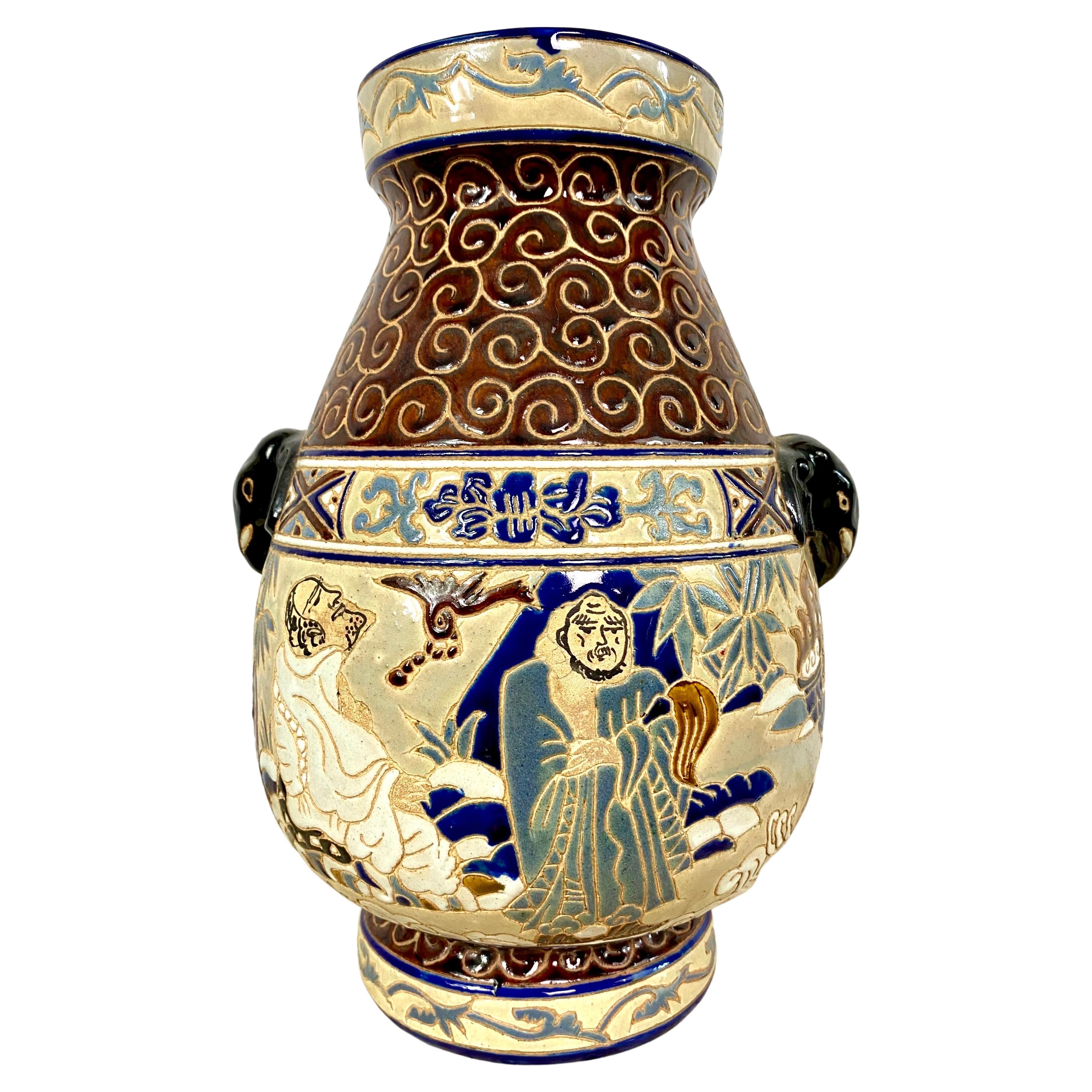 School of Bien-Hoa Glazed Ceramic Vase Decors De Sages, Circa 1930 For Sale