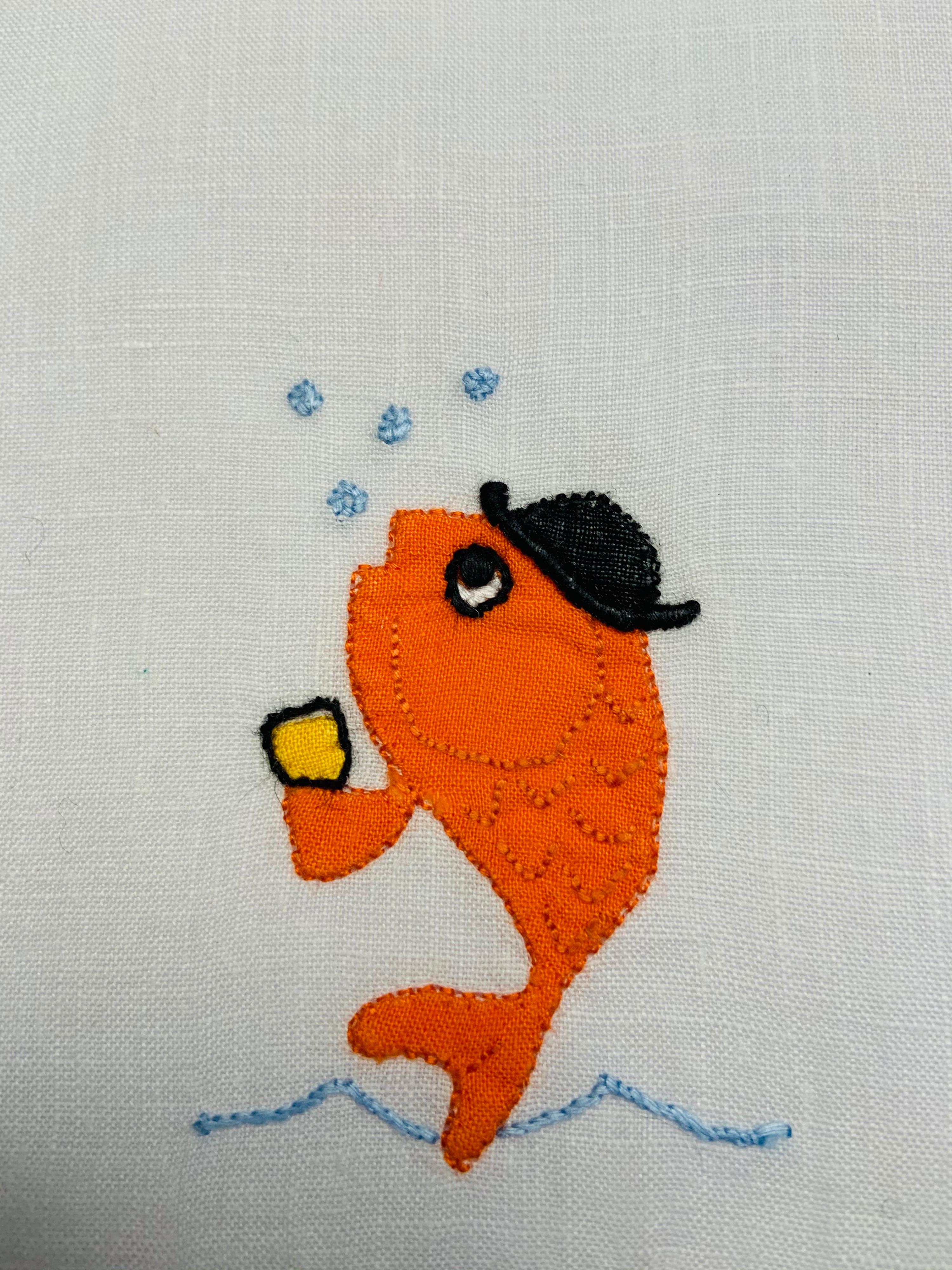 School of Fish Appliqued and Embroidered Linen Cocktail Napkins, Set of Six 3