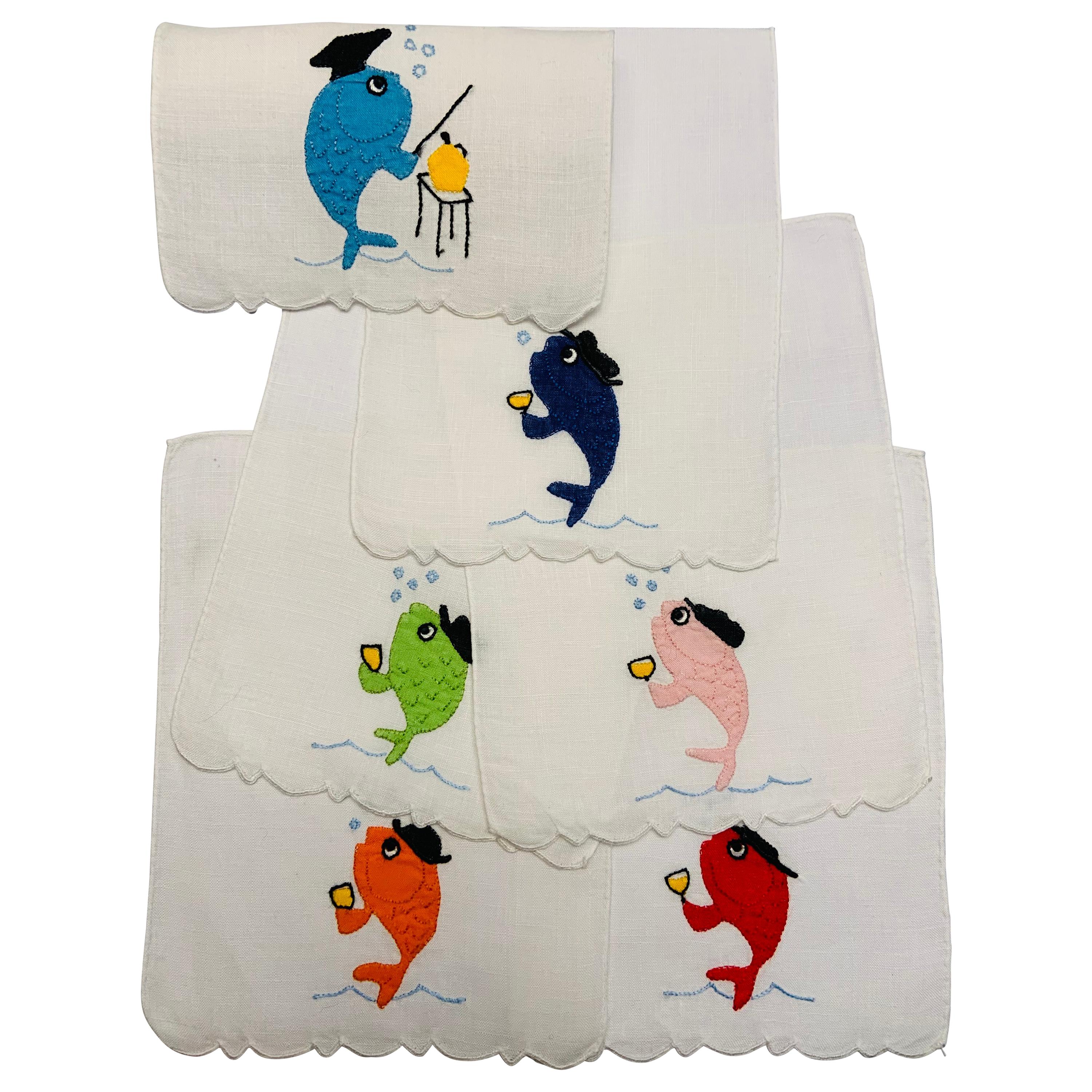 School of Fish Appliqued and Embroidered Linen Cocktail Napkins, Set of Six