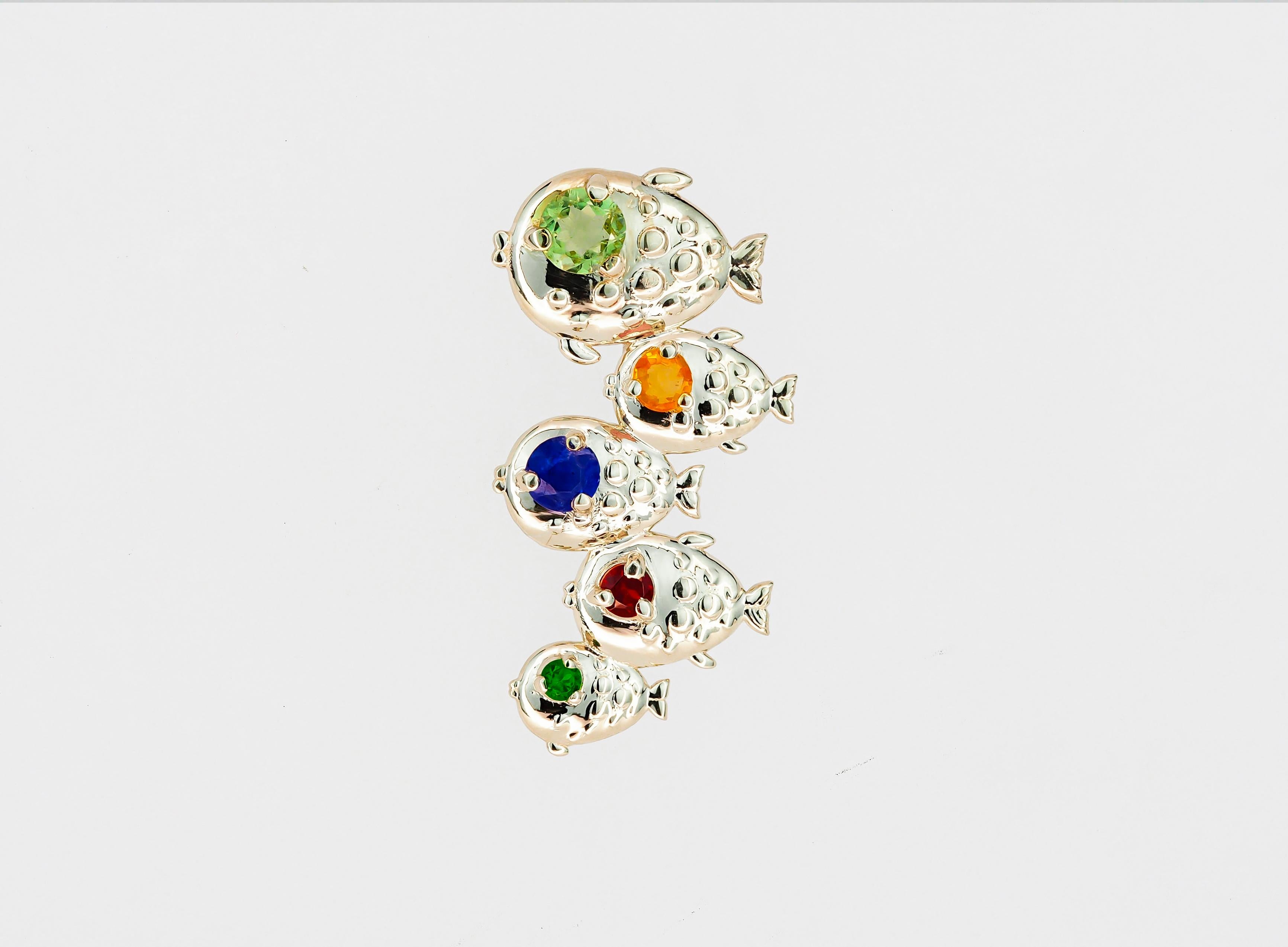 Women's School of Fish Pendant with Tourmaline, Sapphires, Chrome Diopside and Garnet For Sale