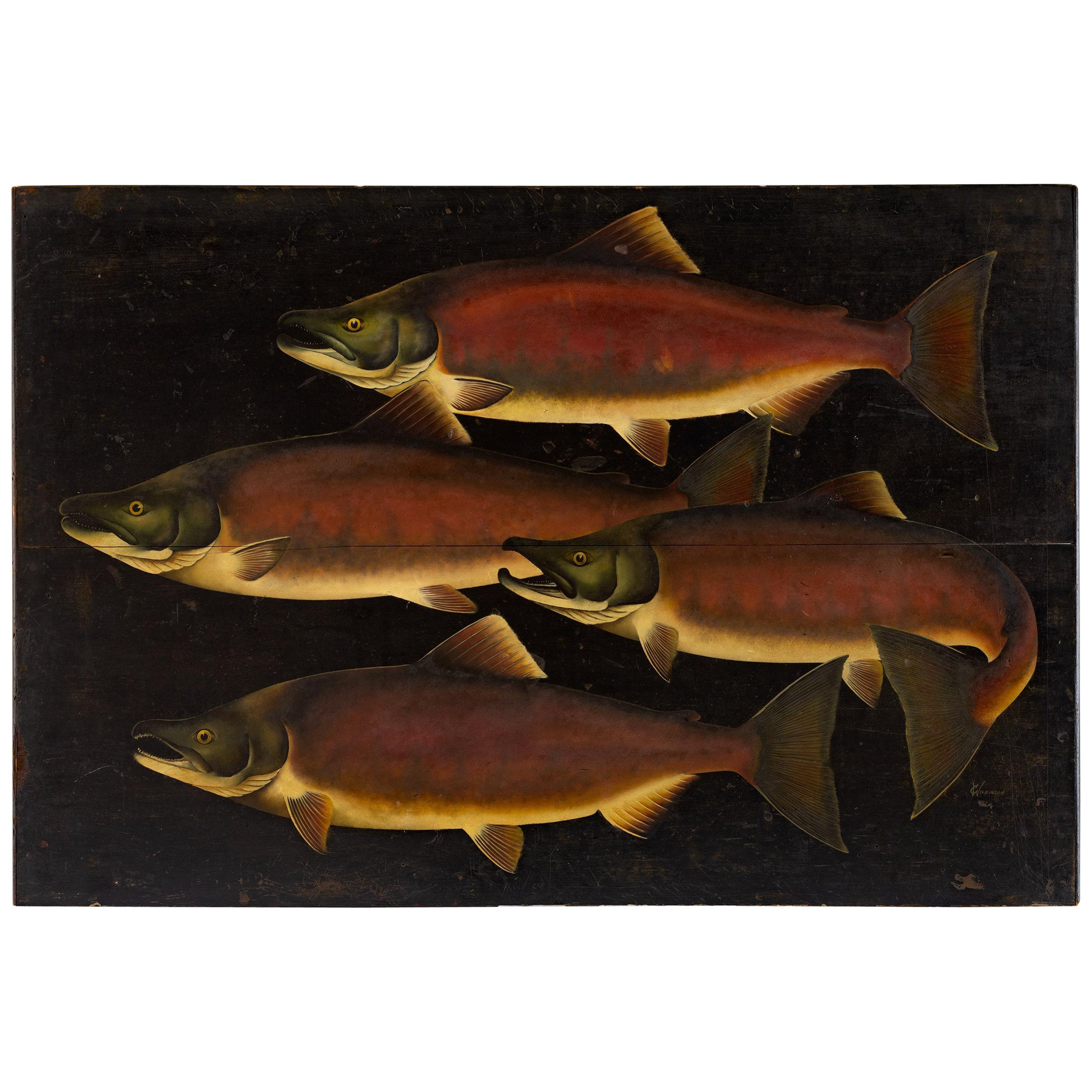 "School of Salmon" Painting, Oil on Board